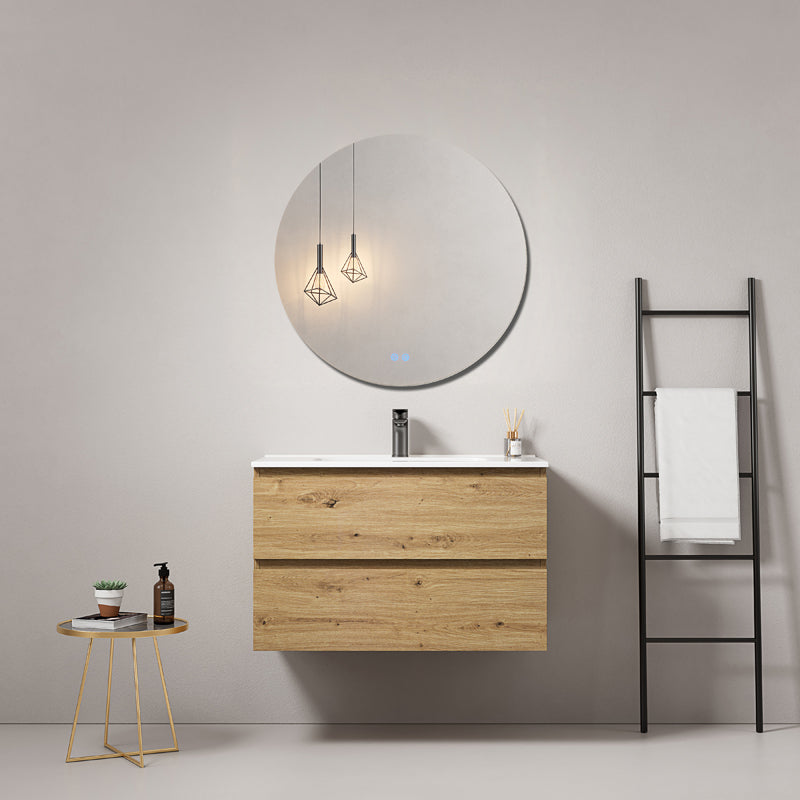 Mobile bagno sospeso 80 cm Bruno Medio Lavabo in Ceramica Specchio Tondo - Fiji Wood