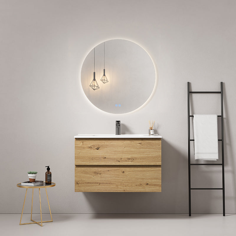 Mobile bagno sospeso 80 cm Bruno Medio Lavabo in Ceramica Specchio Tondo Retroilluminato - Fiji Wood