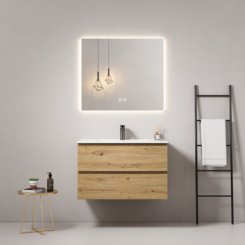 Mobile bagno sospeso 80 cm Bruno Medio Lavabo in Ceramica Specchio Quadro Retroilluminato - Fiji Wood