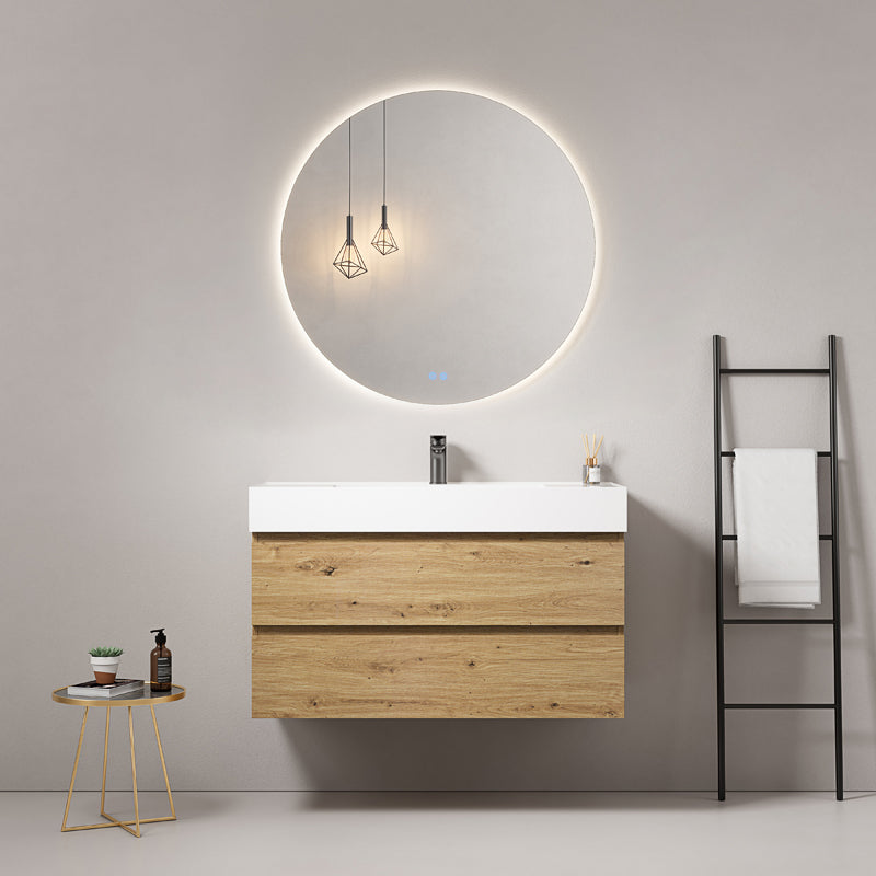 Mobile bagno sospeso 80 cm Bruno Medio Lavabo in Resina Specchio Tondo Retroilluminato - Fiji Wood