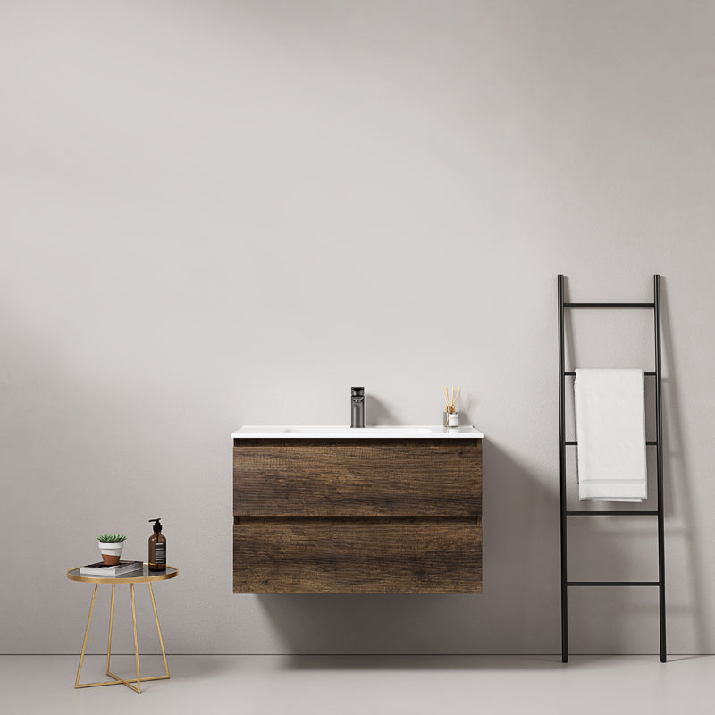 Mobile bagno sospeso 80 cm Bruno Scuro Lavabo in Ceramica Senza Specchio - Fiji Wood
