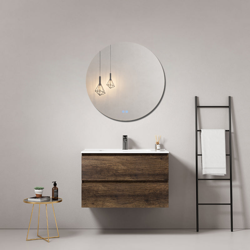 Mobile bagno sospeso 80 cm Bruno Scuro Lavabo in Ceramica Specchio Tondo - Fiji Wood