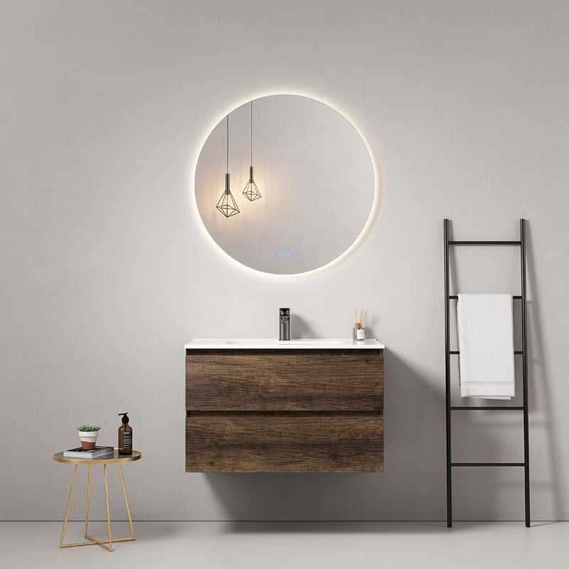 Mobile bagno sospeso 80 cm Bruno Scuro Lavabo in Ceramica Specchio Tondo Retroilluminato - Fiji Wood