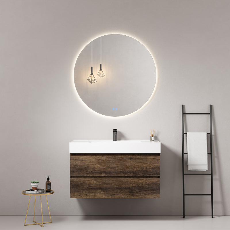 Mobile bagno sospeso 80 cm Bruno Scuro Lavabo in Resina Specchio Tondo Retroilluminato - Fiji Wood