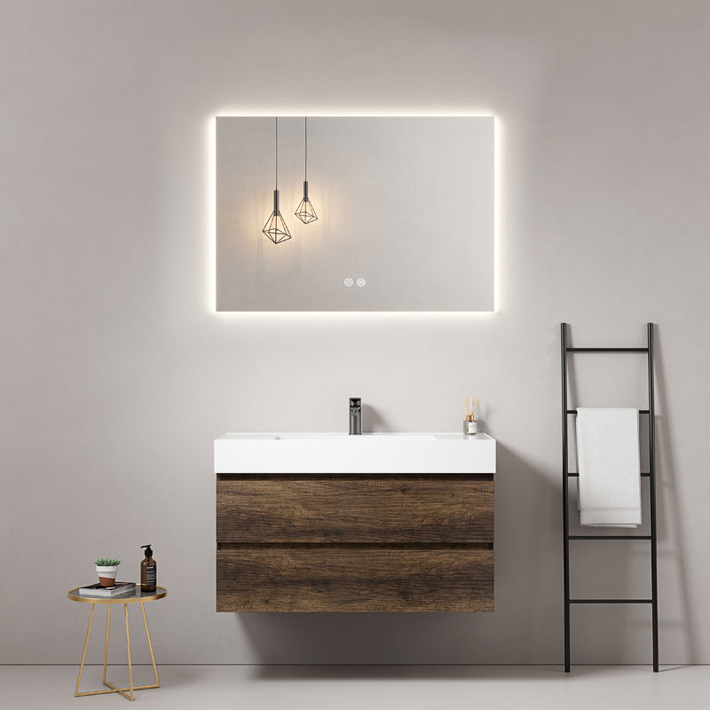 Mobile bagno sospeso 80 cm Bruno Scuro Lavabo in Resina Specchio Quadro Retroilluminato - Fiji Wood