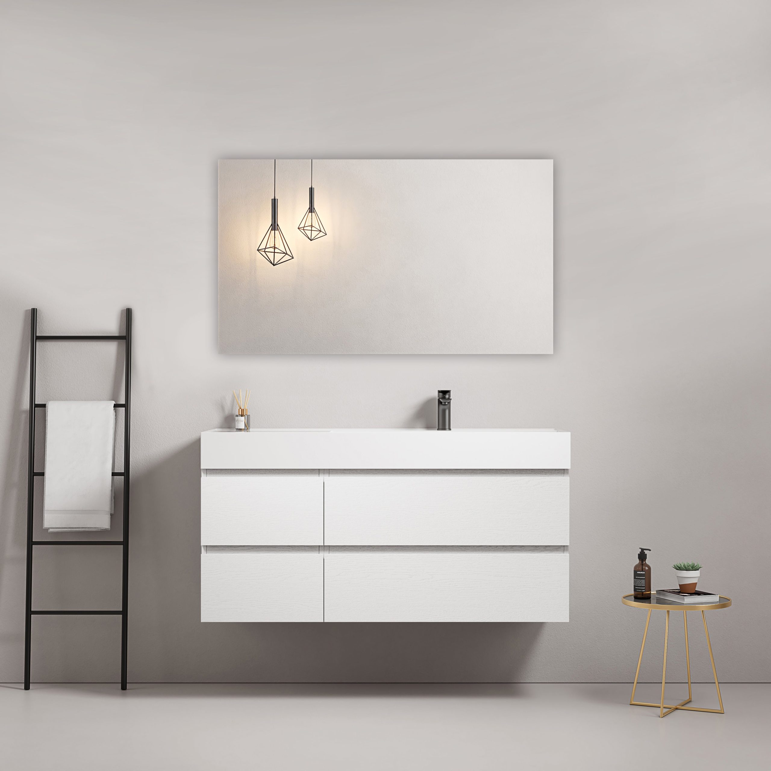 Mobile bagno sospeso 120 cm Bianco Lavabo a Destra in Resina Specchio Quadro - Fiji Wood
