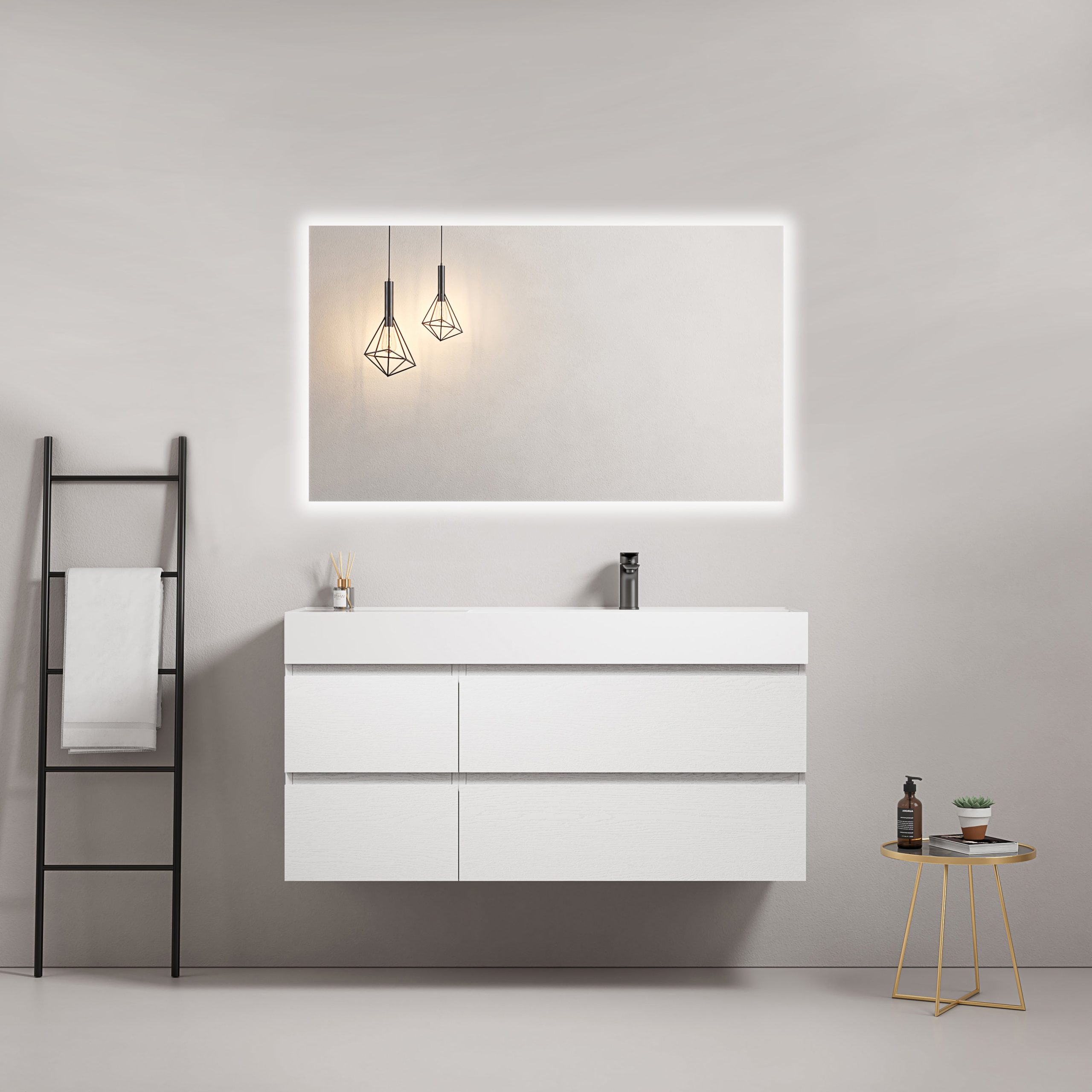 Mobile bagno sospeso 120 cm Bianco Lavabo a Destra in Resina Specchio Quadro Retroilluminato - Fiji Wood