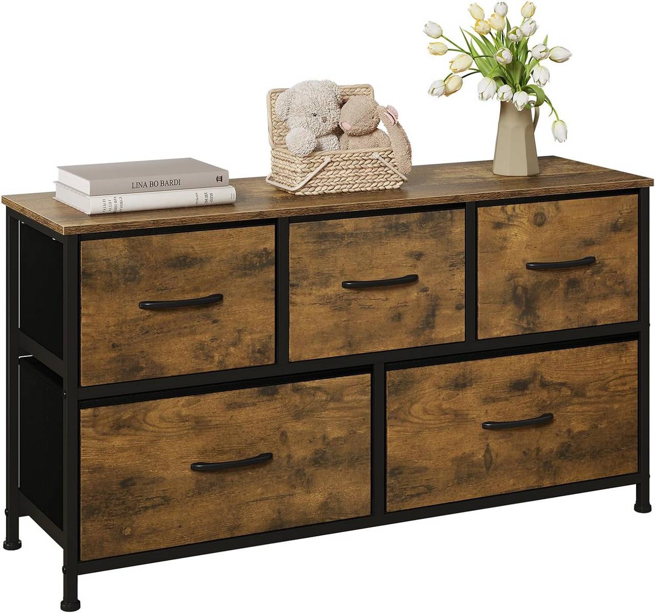 WOLTUCassettiera 5 Cassetti, Struttura in Metallo, Materiale a Base di Legno, Aspetto Legno Vintage
