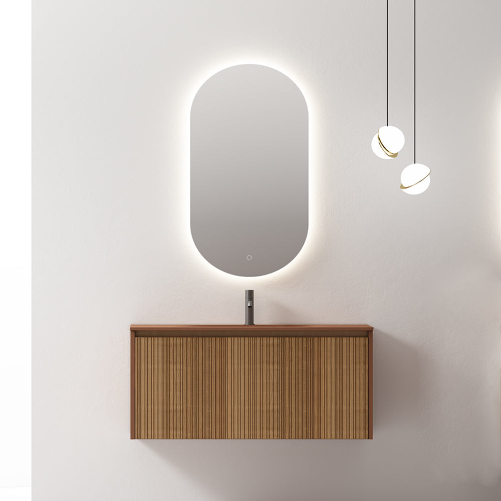 Mobile Bagno Pace 90 cm Rovere Scuro Specchio Ovale Retroilluminato - Meda