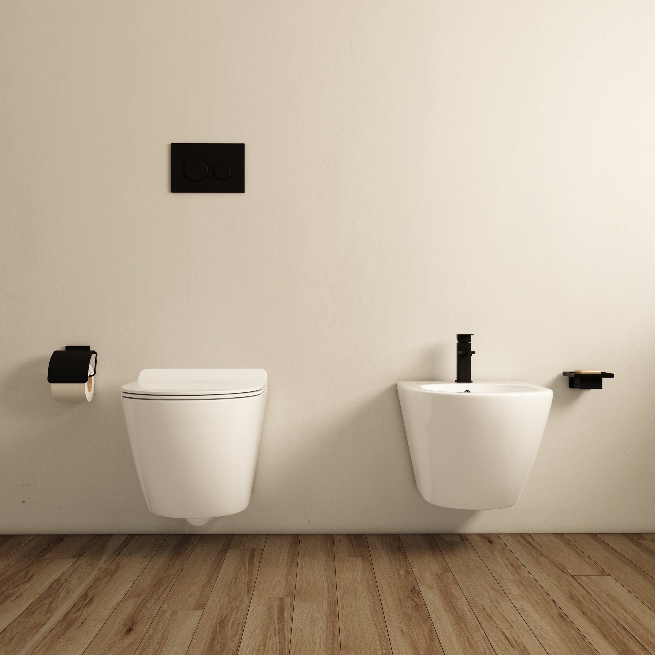 Coppia Sanitari Sospesi Senza Brida e Sedile Soft-Close Bianco Lucido Perla 48 - Meda