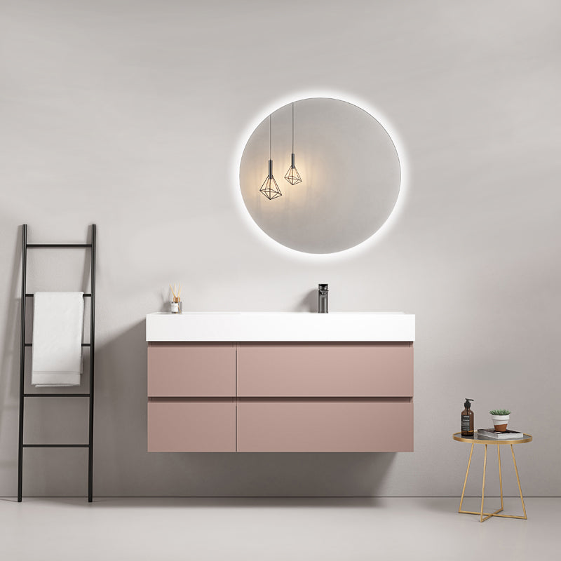 Mobile bagno sospeso 120 cm Rosa Retro Lavabo a Destra in Resina Specchio Tondo Retroilluminato - Fiji Paint