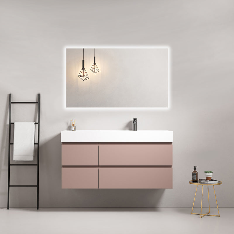 Mobile bagno sospeso 120 cm Rosa Retro Lavabo a Destra in Resina Specchio Quadro Retroilluminato - Fiji Paint