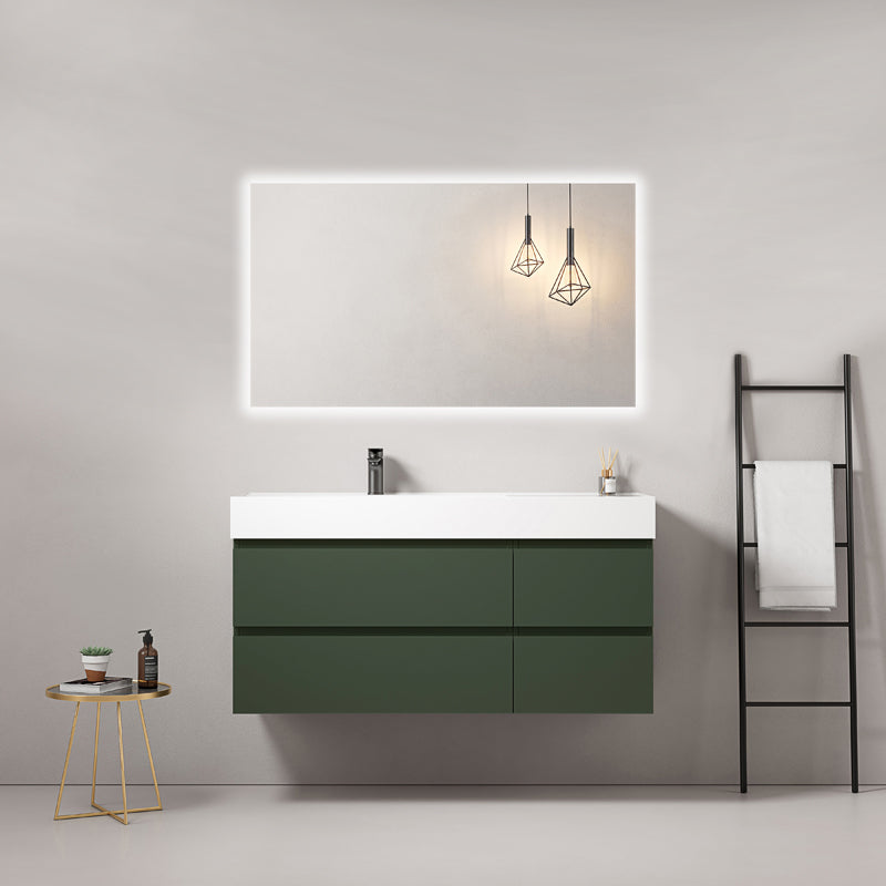 Mobile bagno sospeso 120 cm Verde Comodoro Lavabo a Sinistra in Resina Specchio Quadro Retroilluminato - Fiji Paint