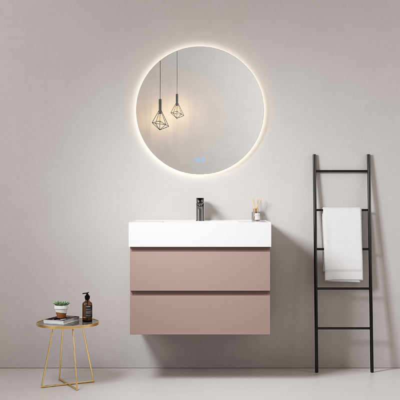 Mobile bagno sospeso 80 cm Rosa Retro Lavabo in Resina Specchio Tondo Retroilluminato - Fiji Paint