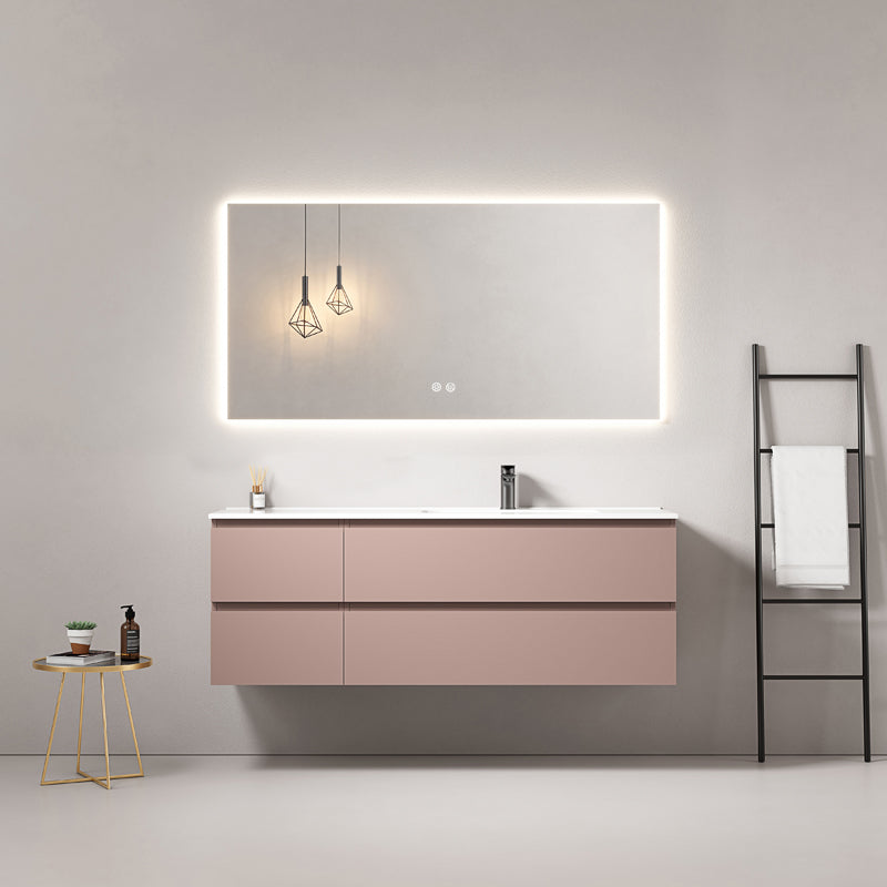 Mobile bagno sospeso 140 cm Rosa Retro Lavabo a Destra in Resina Specchio Quadro Retroilluminato - Fiji Paint