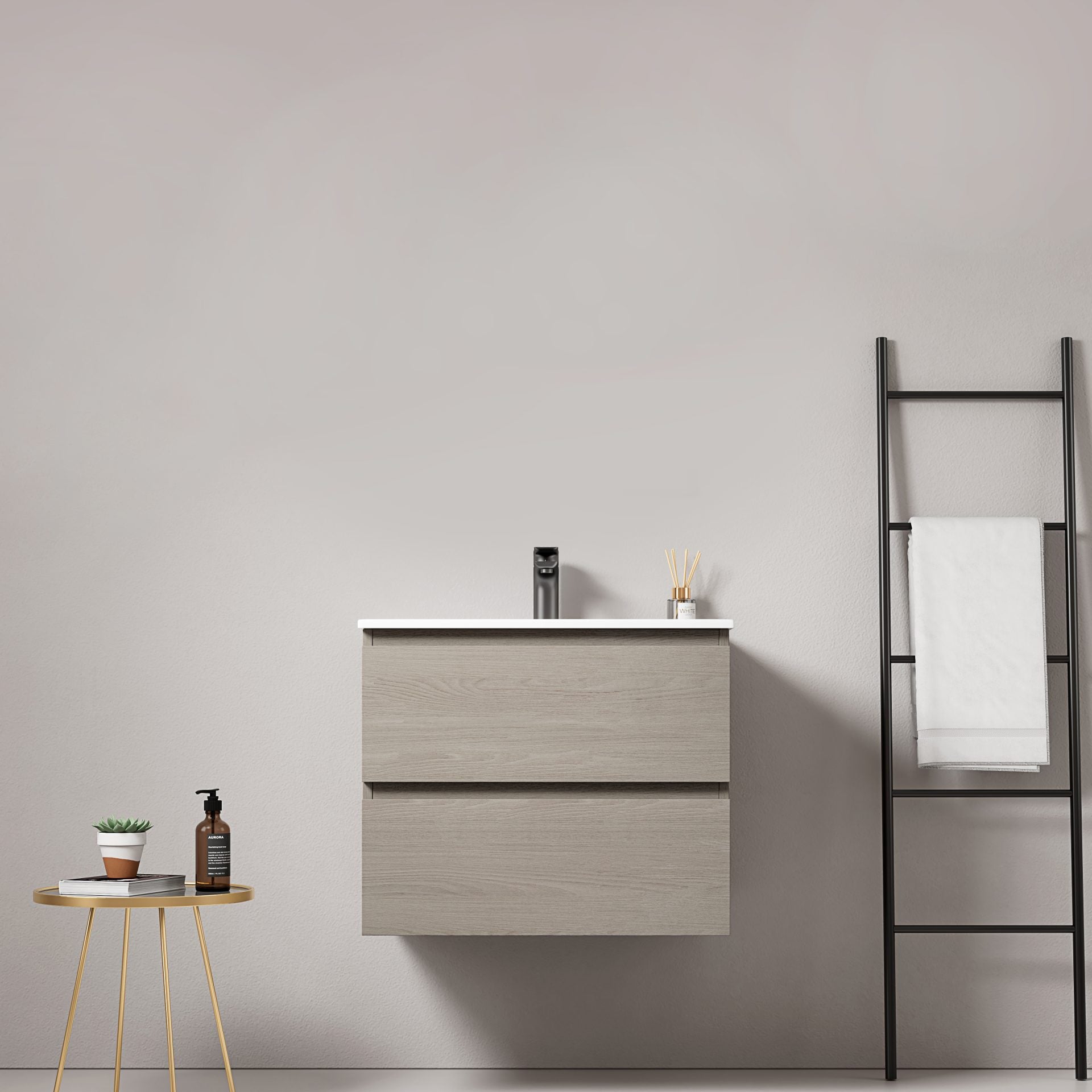 Mobile bagno sospeso 60 cm Beige Lavabo in Ceramica Senza Specchio - Fiji Wood