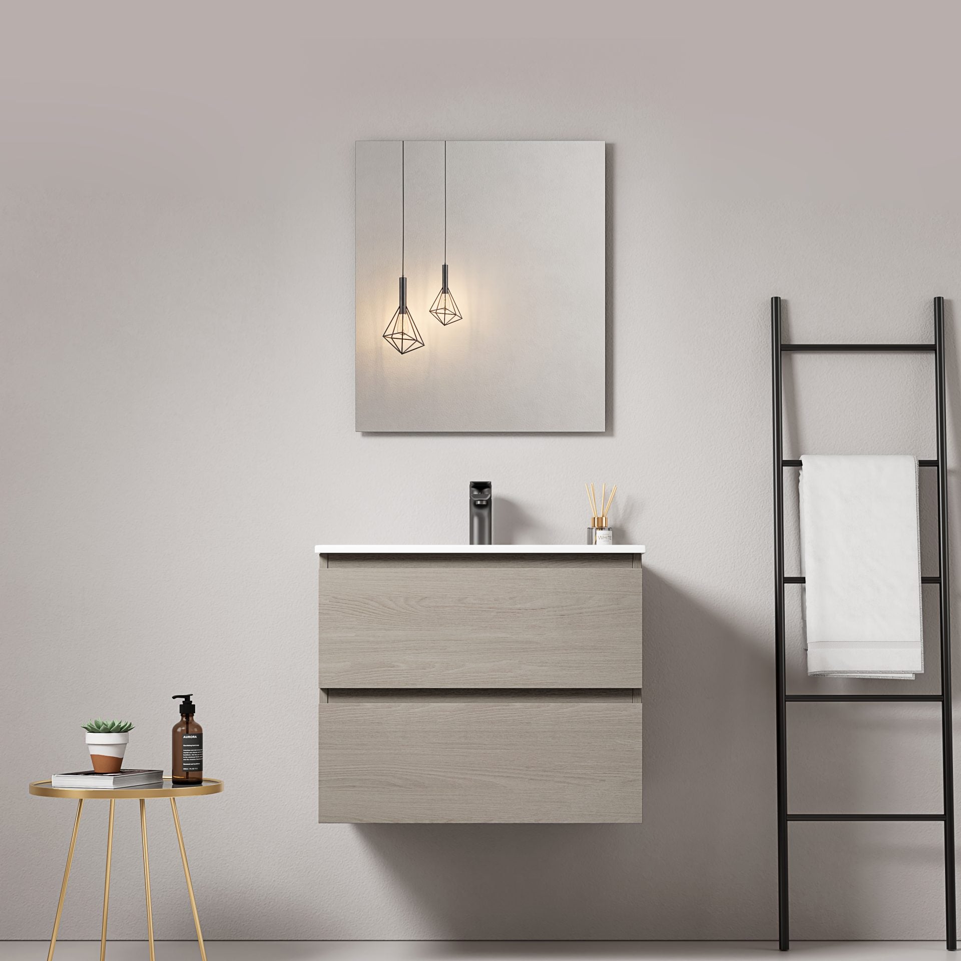 Mobile bagno sospeso 60 cm Beige Lavabo in Ceramica Specchio Quadro - Fiji Wood