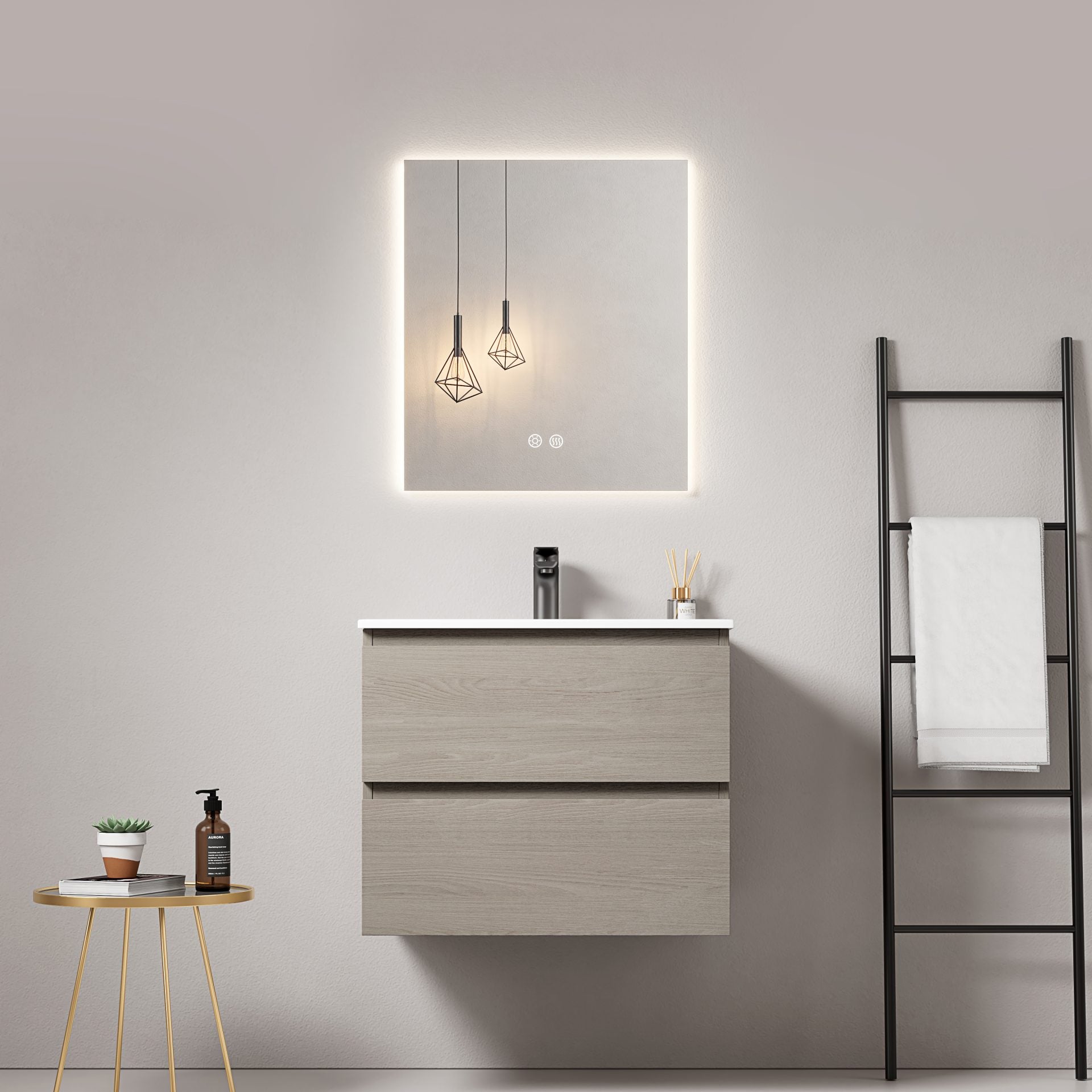 Mobile bagno sospeso 60 cm Beige Lavabo in Ceramica Specchio Quadro Retroilluminato - Fiji Wood