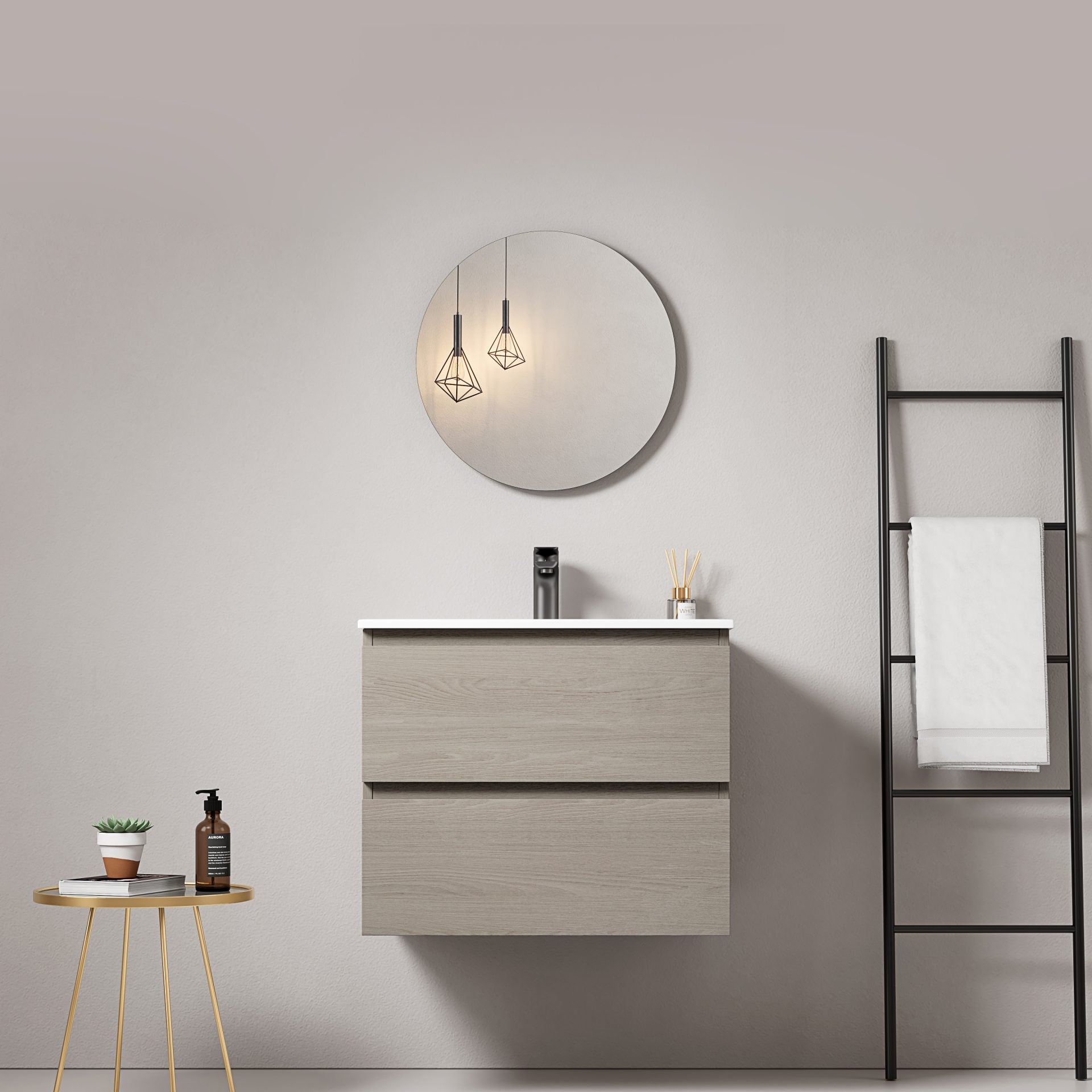 Mobile bagno sospeso 60 cm Beige Lavabo in Ceramica Specchio Tondo - Fiji Wood