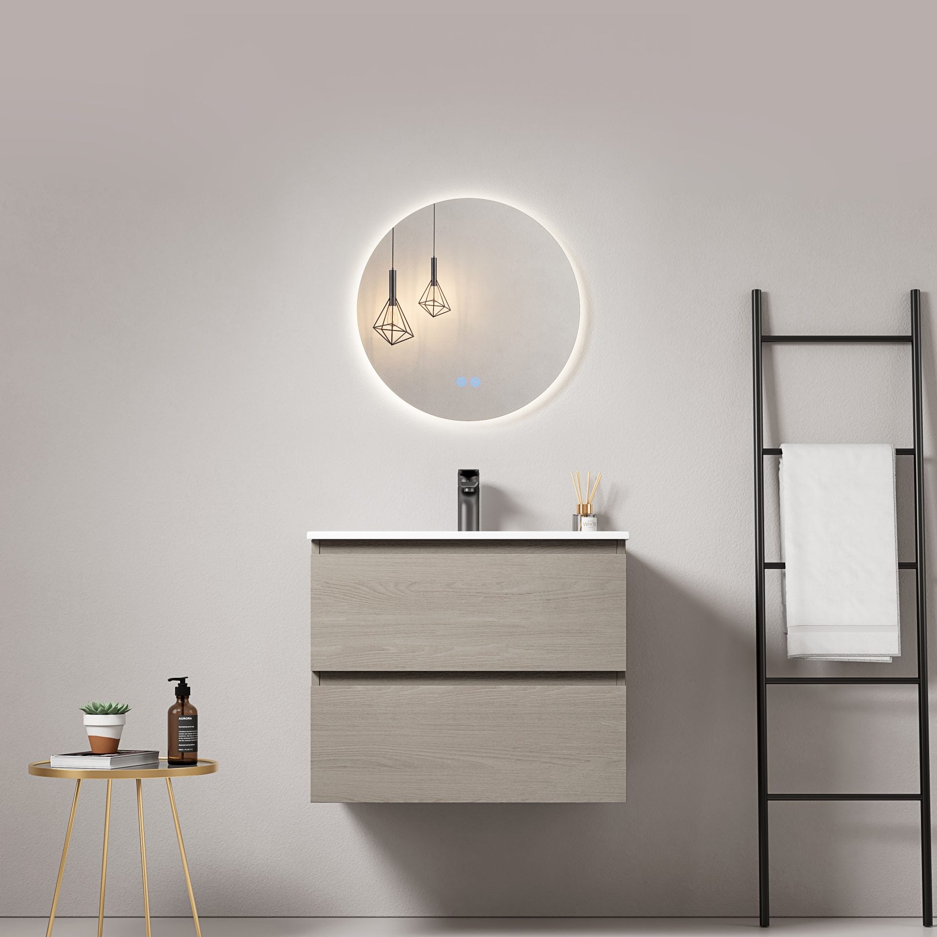 Mobile bagno sospeso 60 cm Beige Lavabo in Ceramica Specchio Tondo Retroilluminato - Fiji Wood