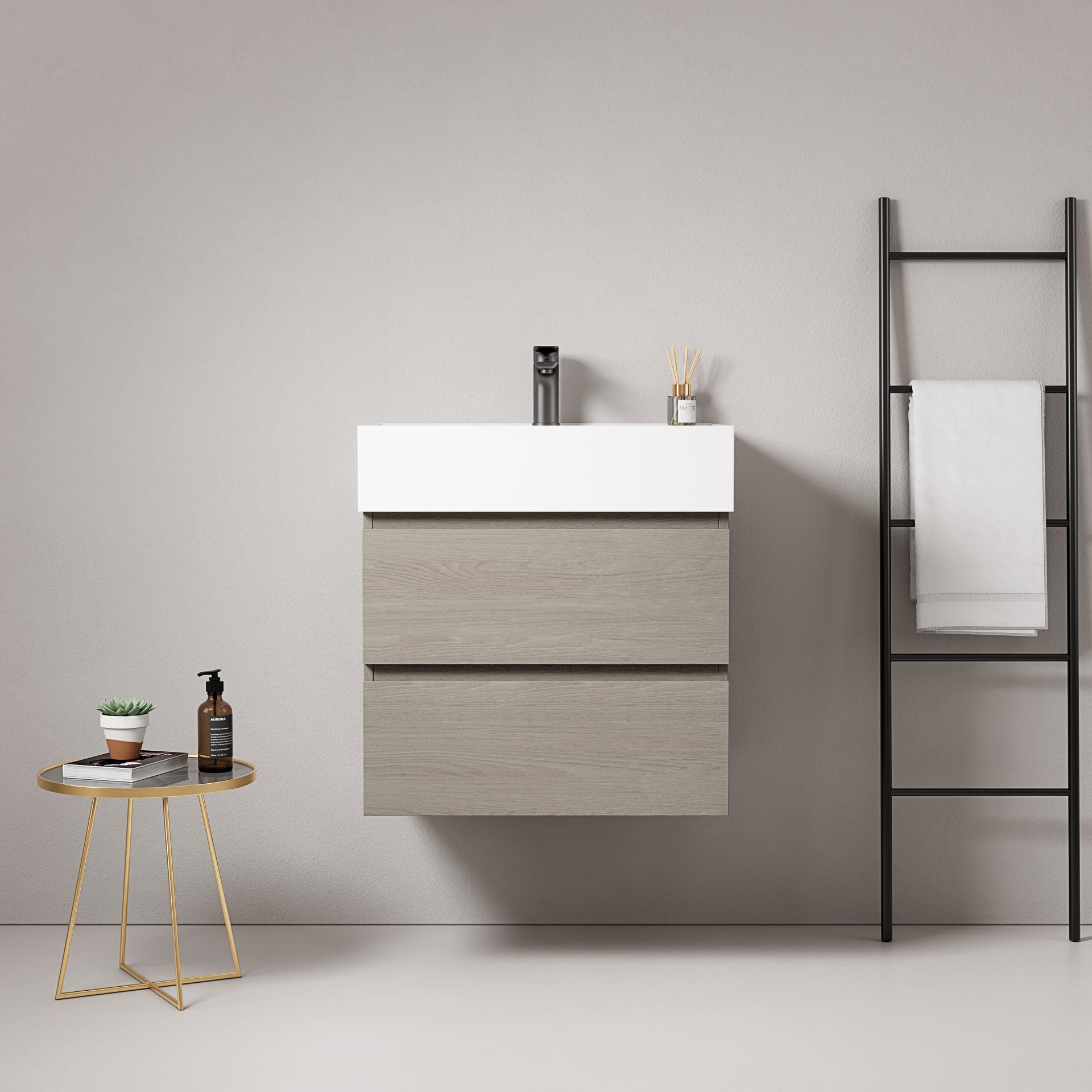 Mobile bagno sospeso 60 cm Beige Lavabo in Resina Senza Specchio - Fiji Wood