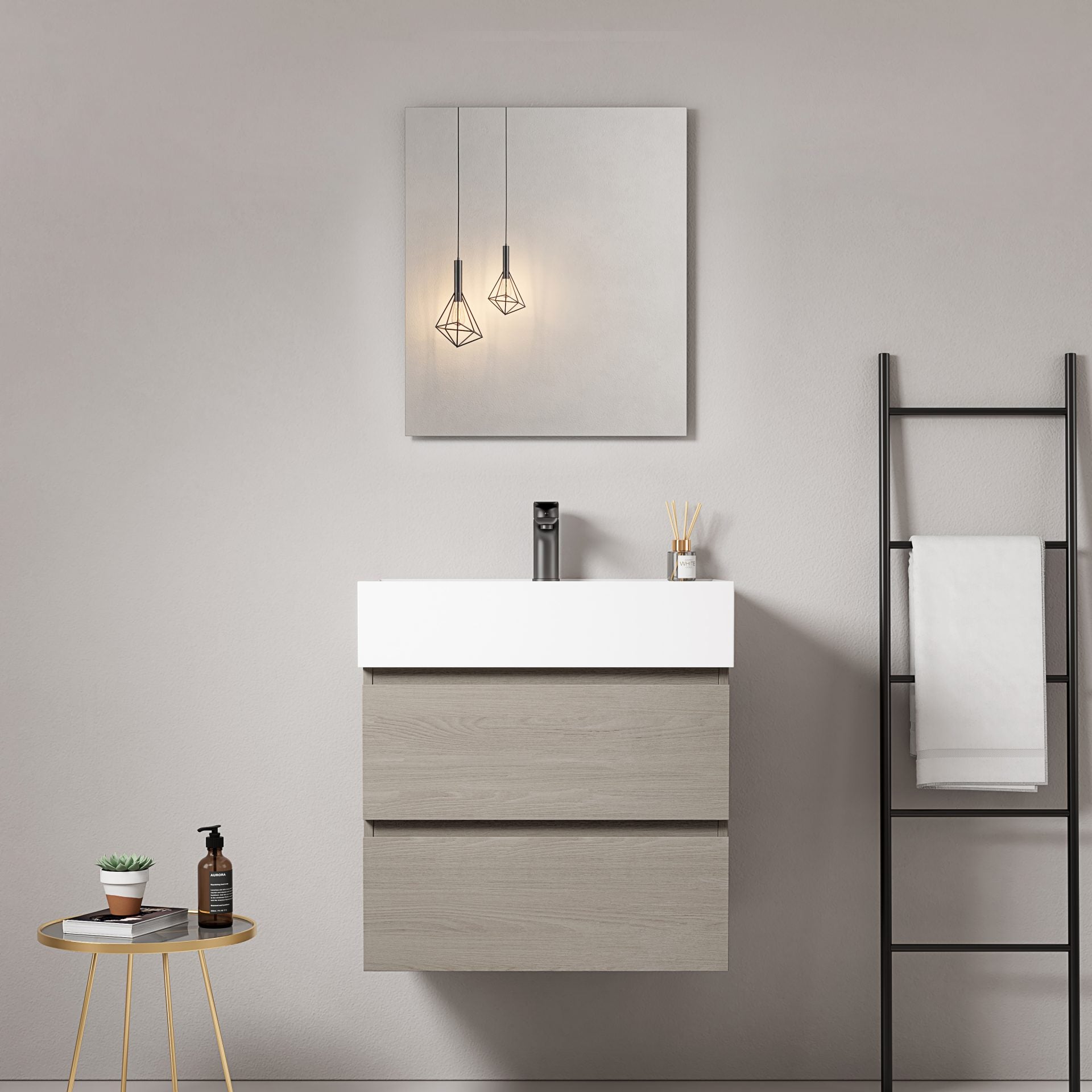 Mobile bagno sospeso 60 cm Beige Lavabo in Resina Specchio Quadro - Fiji Wood