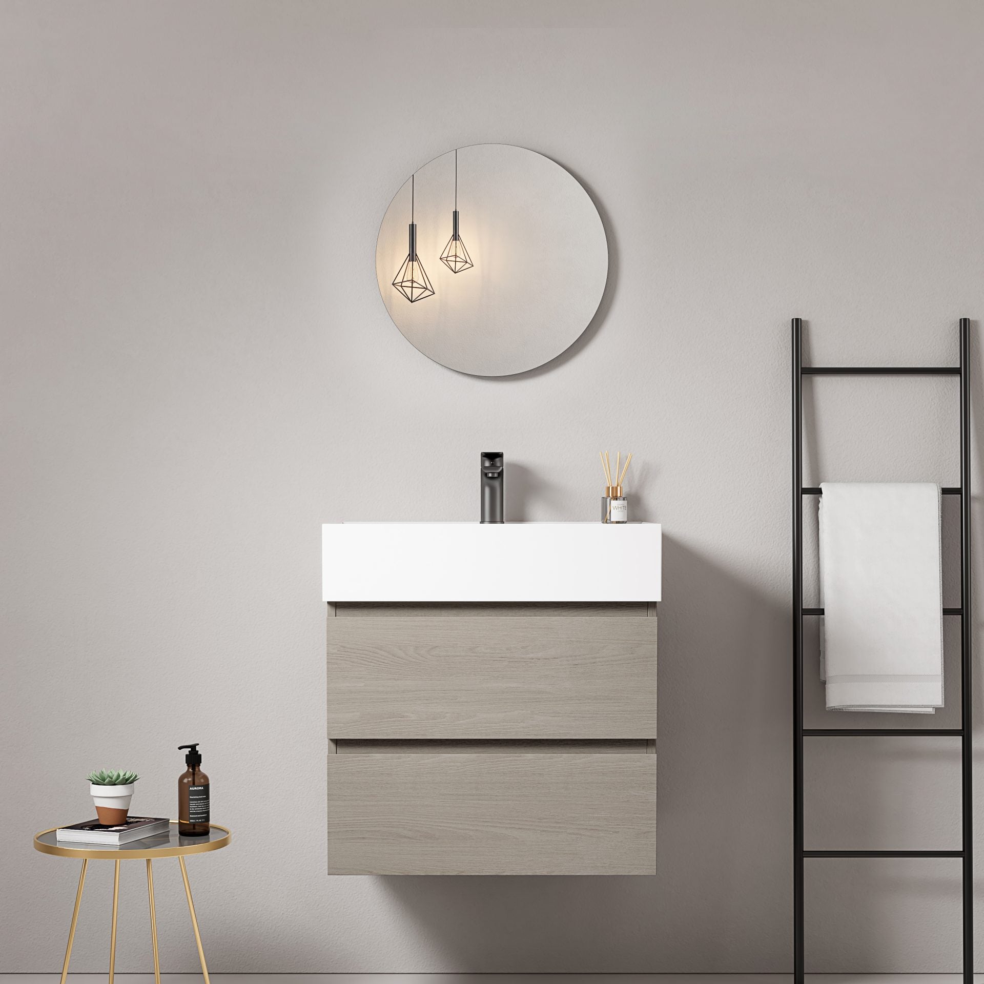 Mobile bagno sospeso 60 cm Beige Lavabo in Resina Specchio Tondo - Fiji Wood