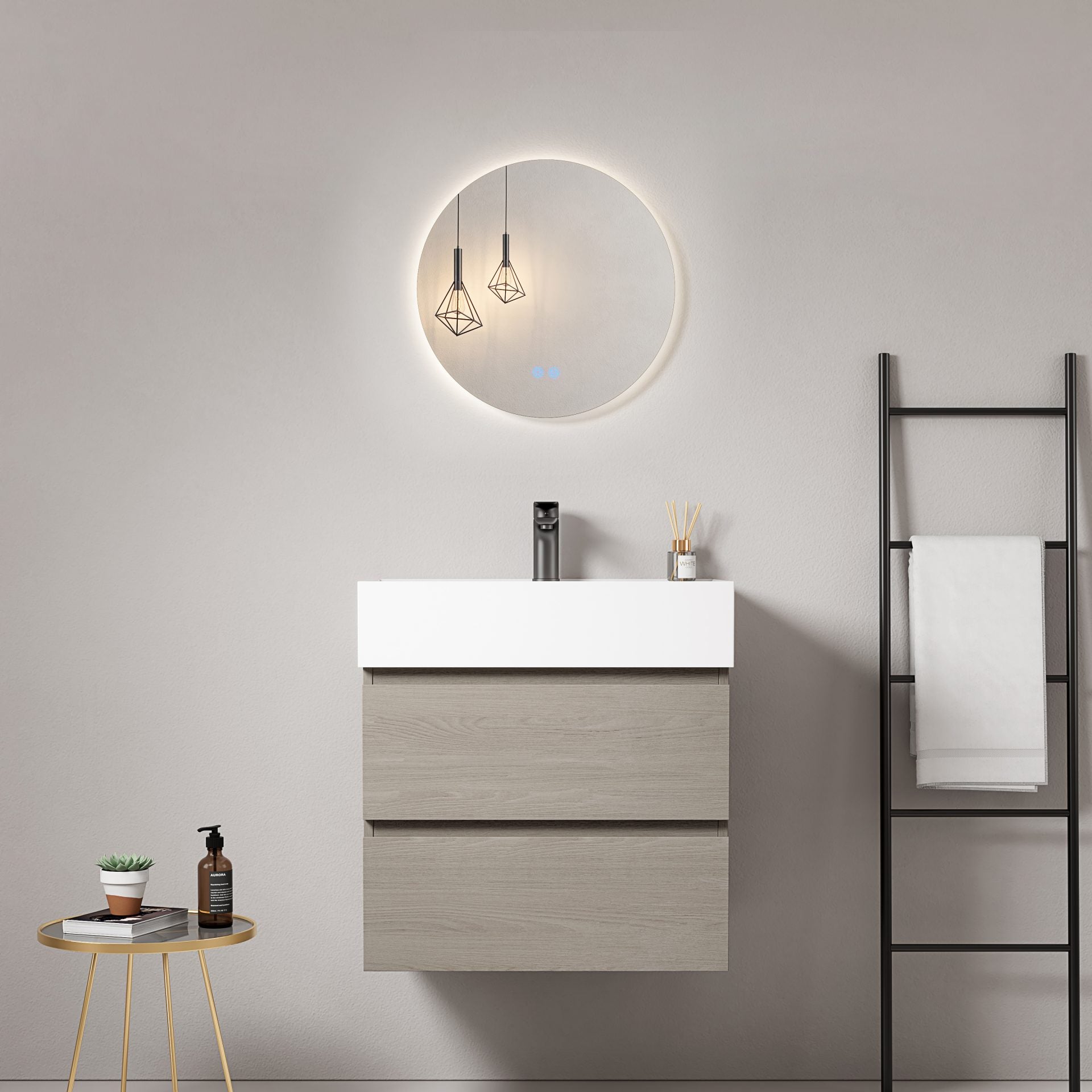 Mobile bagno sospeso 60 cm Beige Lavabo in Resina Specchio Tondo Retroilluminato - Fiji Wood