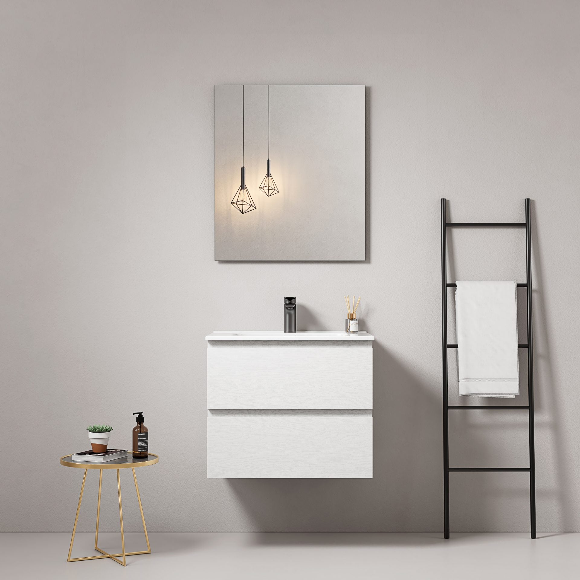 Mobile bagno sospeso 60 cm Bianco Lavabo in Ceramica Specchio Quadro - Fiji Wood