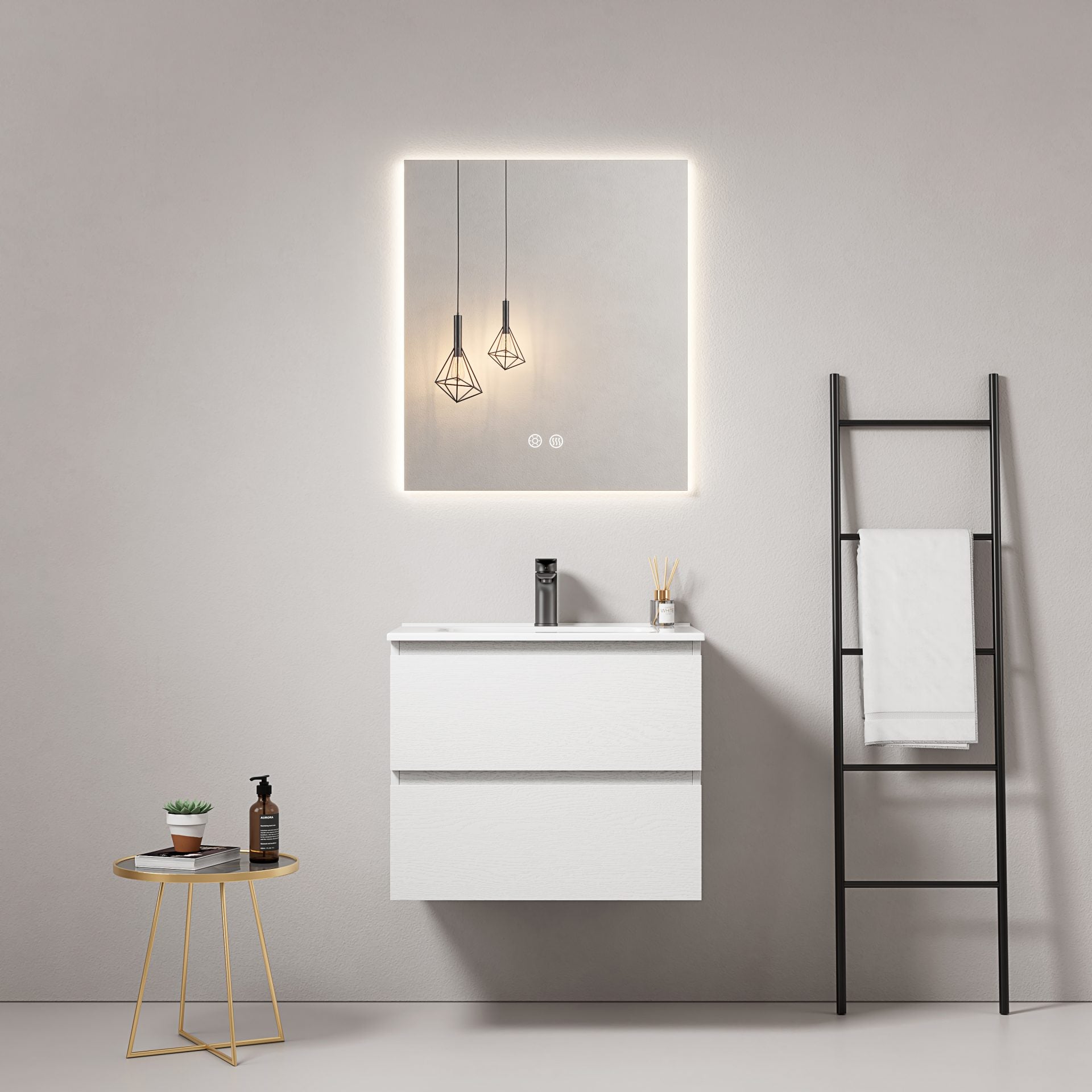Mobile bagno sospeso 60 cm Bianco Lavabo in Ceramica Specchio Quadro Retroilluminato - Fiji Wood