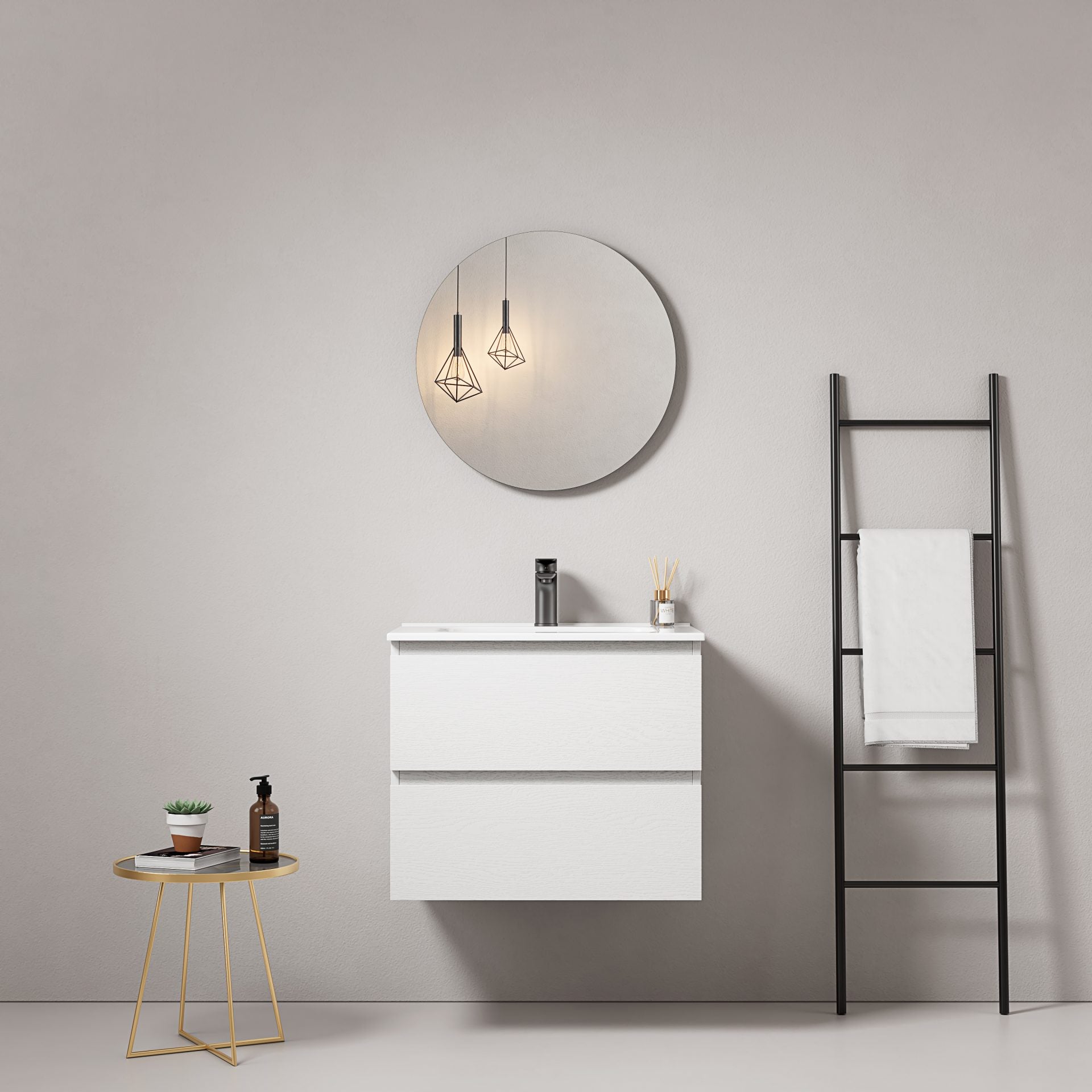 Mobile bagno sospeso 60 cm Bianco Lavabo in Ceramica Specchio Tondo - Fiji Wood
