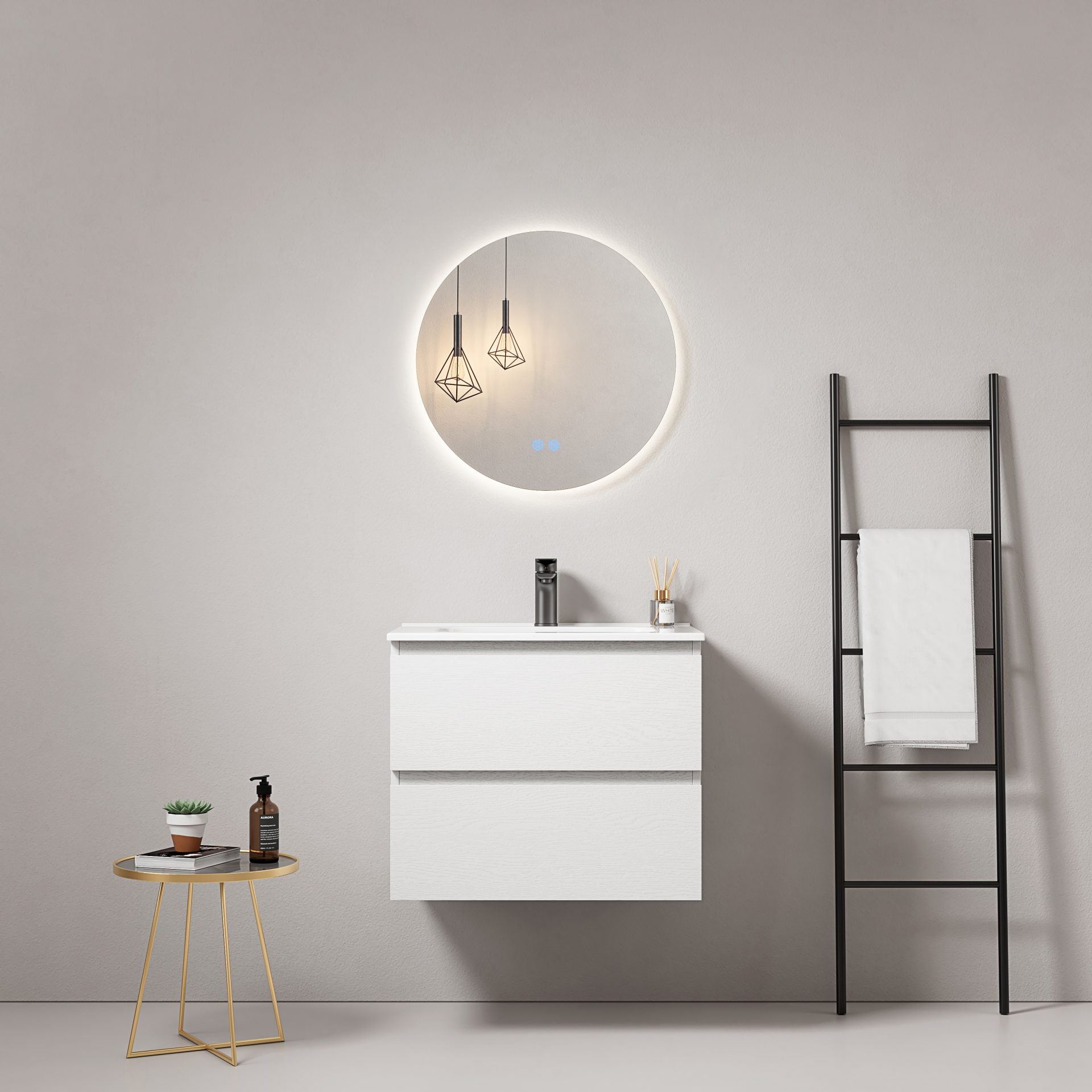 Mobile bagno sospeso 60 cm Bianco Lavabo in Ceramica Specchio Tondo Retroilluminato - Fiji Wood