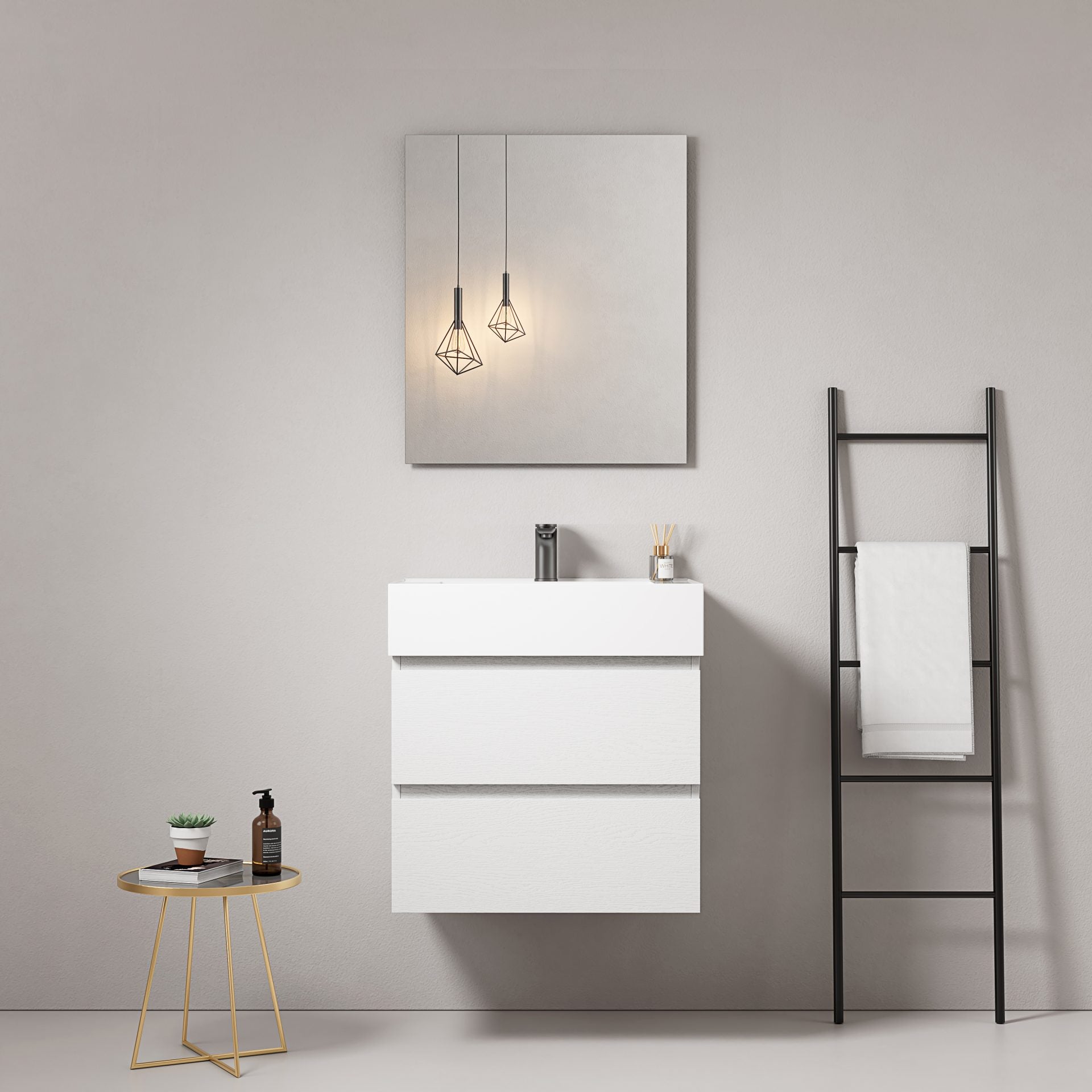 Mobile bagno sospeso 60 cm Bianco Lavabo in Resina Specchio Quadro - Fiji Wood
