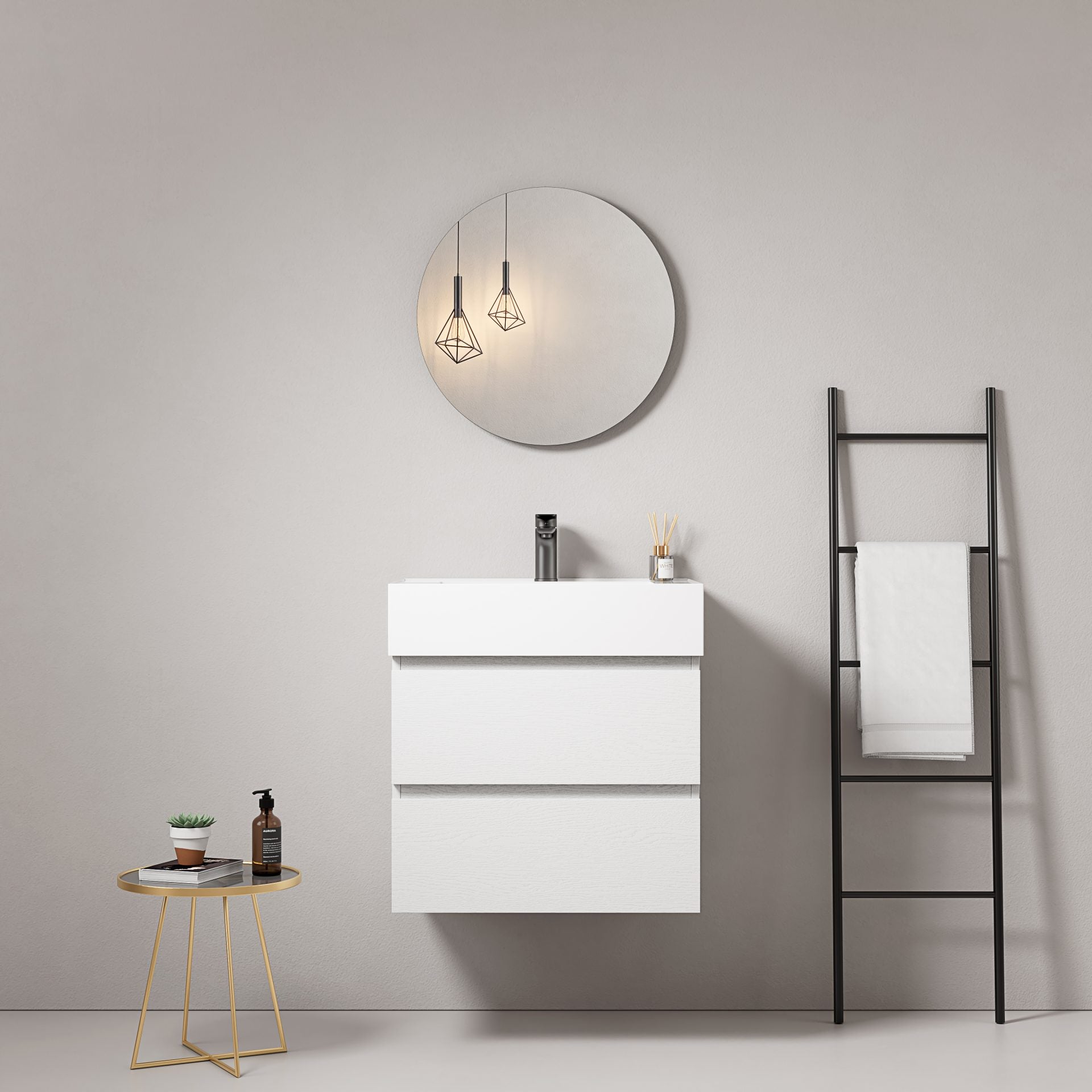 Mobile bagno sospeso 60 cm Bianco Lavabo in Resina Specchio Tondo - Fiji Wood