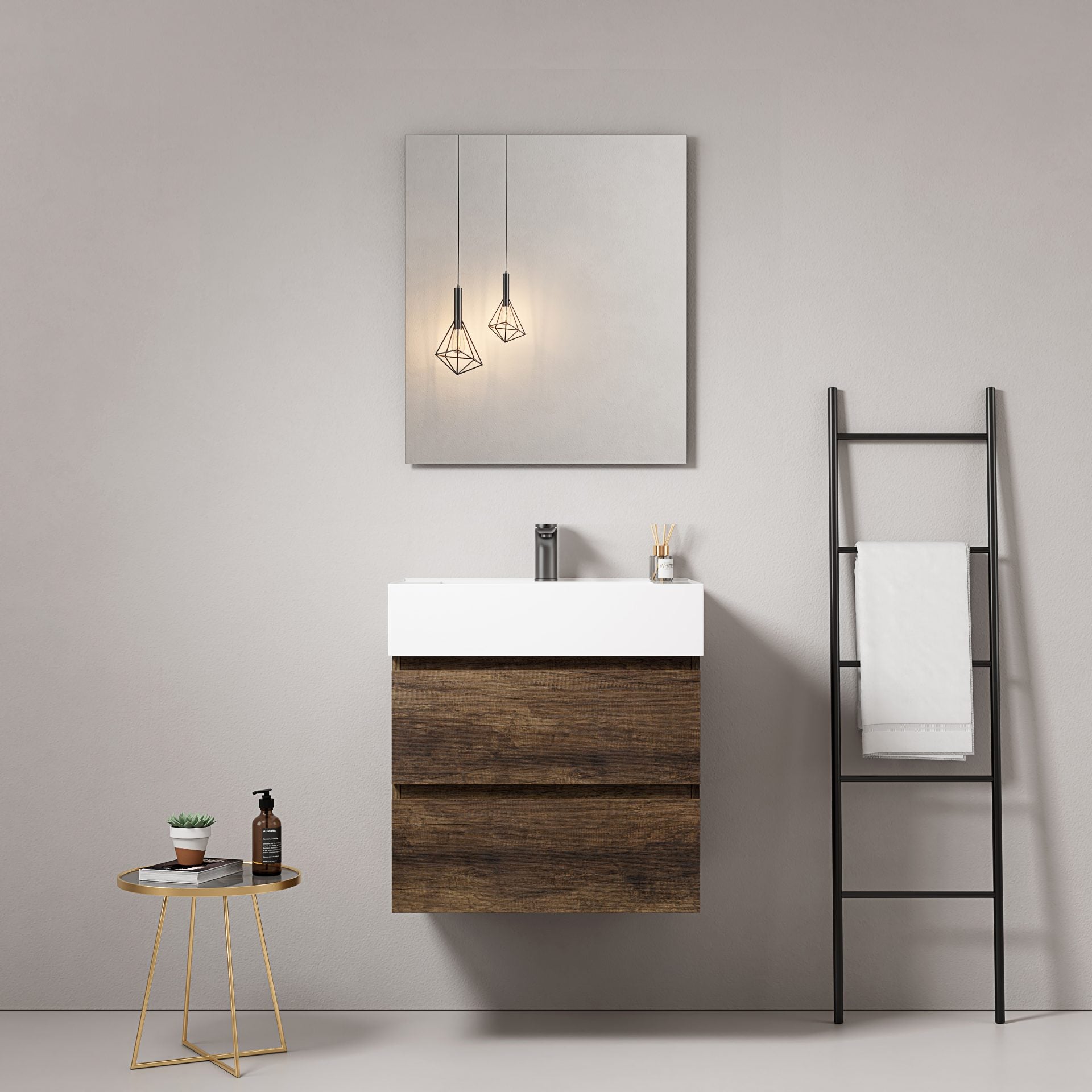 Mobile bagno sospeso 60 cm Bruno Scuro Lavabo in Resina Specchio Quadro - Fiji Wood