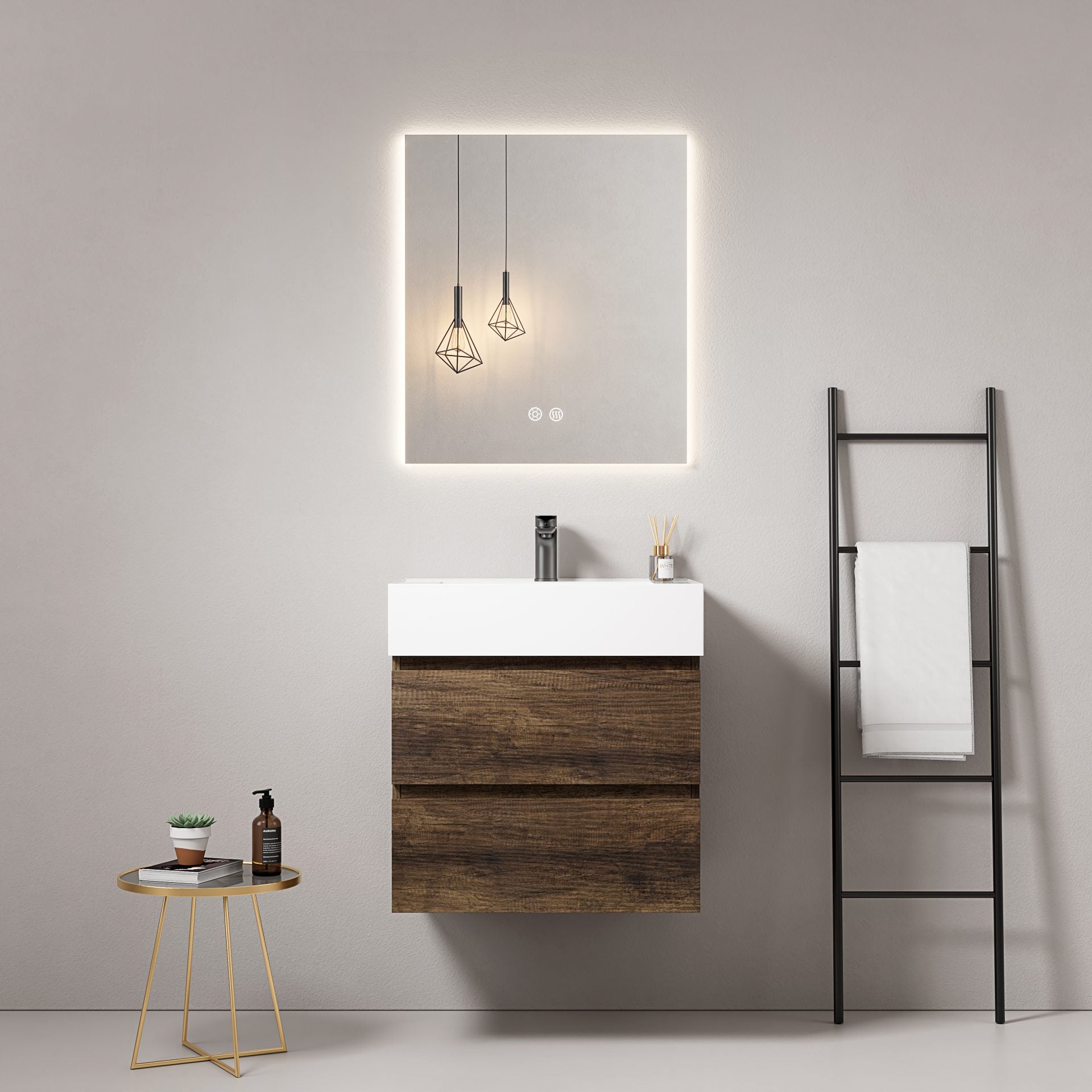 Mobile bagno sospeso 60 cm Bruno Scuro Lavabo in Resina Specchio Quadro Retroilluminato - Fiji Wood