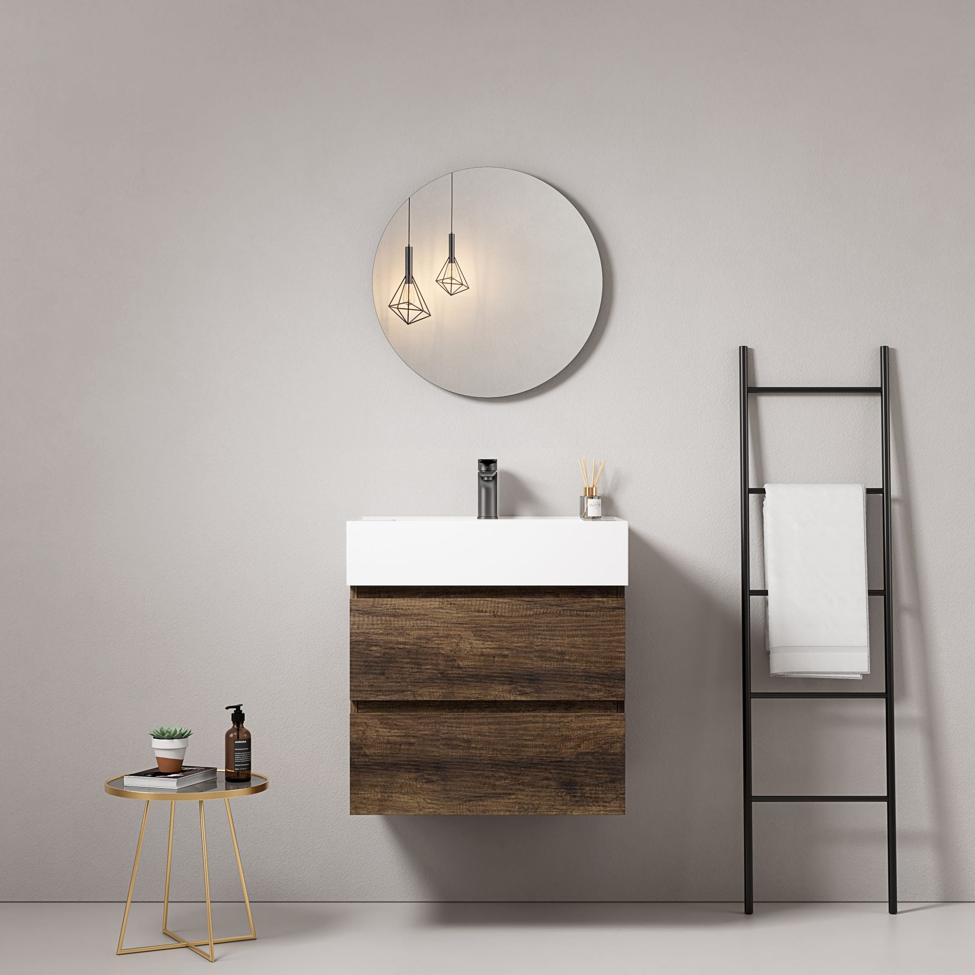 Mobile bagno sospeso 60 cm Bruno Scuro Lavabo in Resina Specchio Tondo - Fiji Wood
