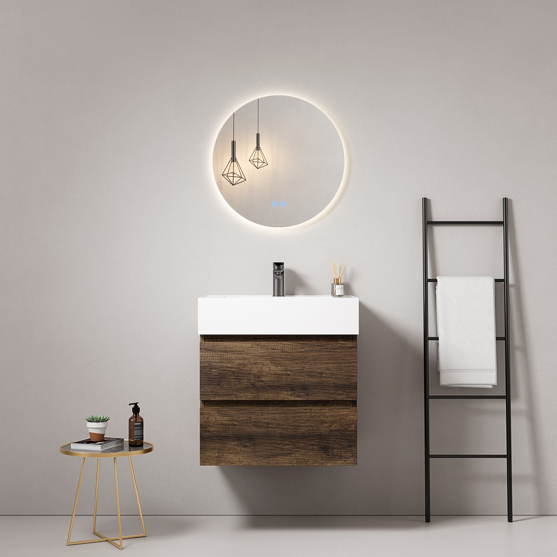 Mobile bagno sospeso 60 cm Bruno Scuro Lavabo in Resina Specchio Tondo Retroilluminato - Fiji Wood
