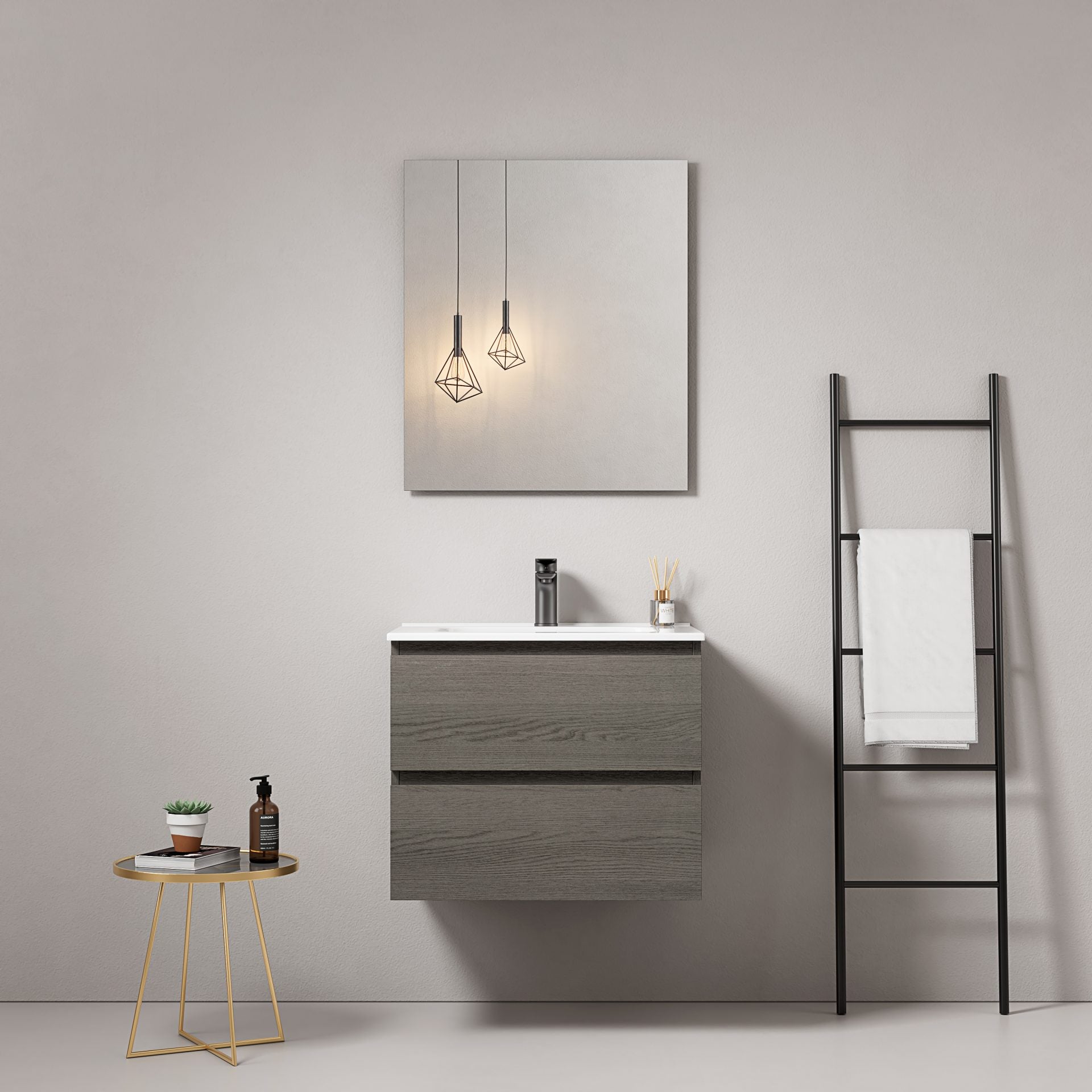 Mobile bagno sospeso 60 cm Grey Lavabo in Ceramica Specchio Quadro - Fiji Wood