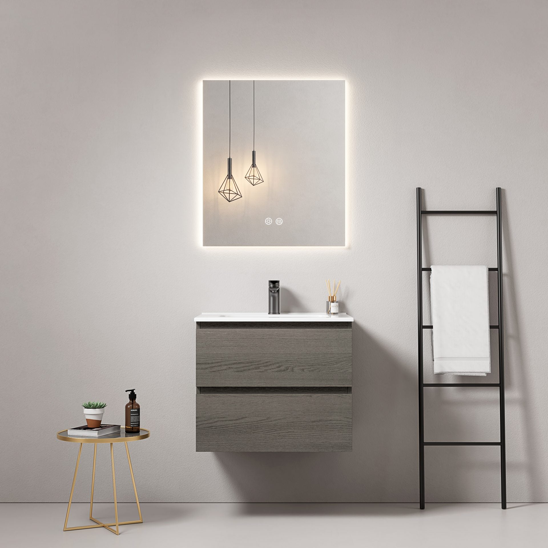 Mobile bagno sospeso 60 cm Grey Lavabo in Ceramica Specchio Quadro Retroilluminato - Fiji Wood