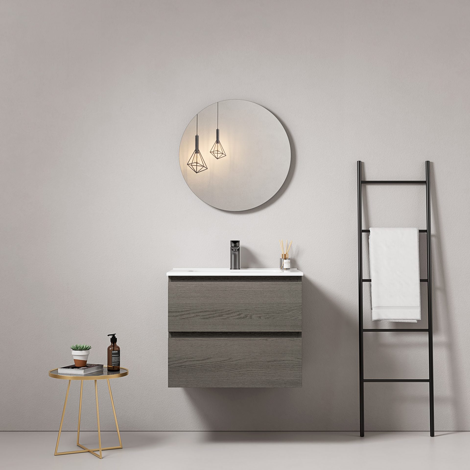 Mobile bagno sospeso 60 cm Grey Lavabo in Ceramica Specchio Tondo - Fiji Wood
