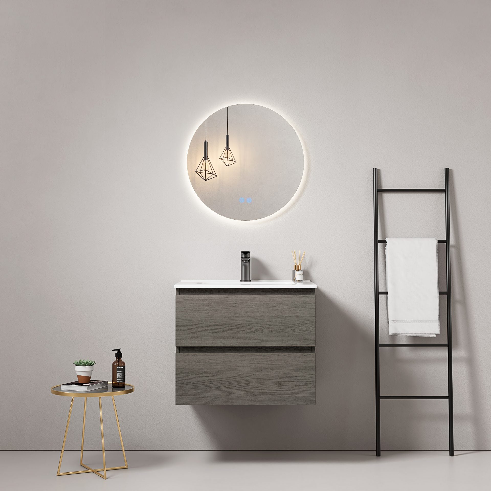 Mobile bagno sospeso 60 cm Grey Lavabo in Ceramica Specchio Tondo Retroilluminato - Fiji Wood