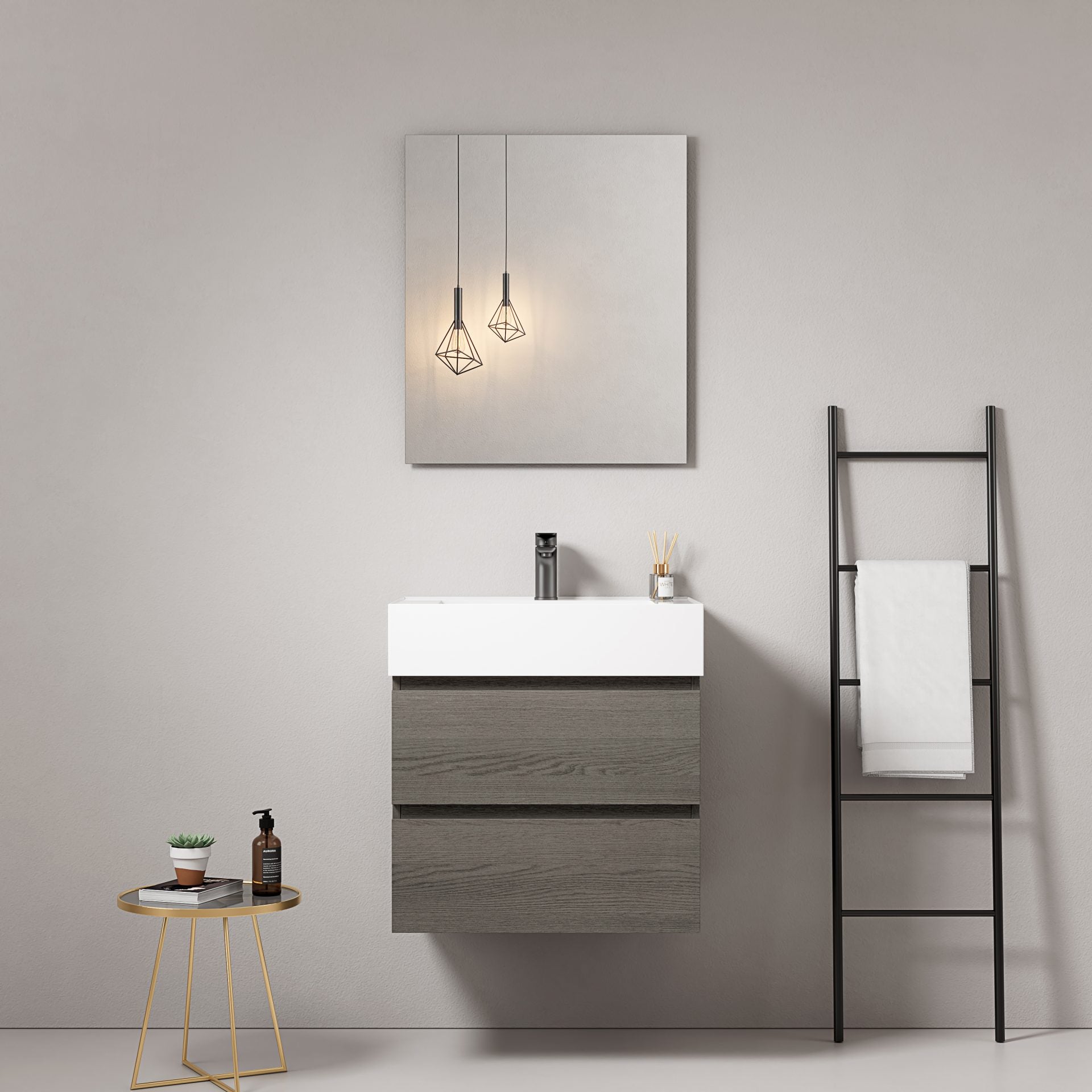 Mobile bagno sospeso 60 cm Grey Lavabo in Resina Specchio Quadro - Fiji Wood