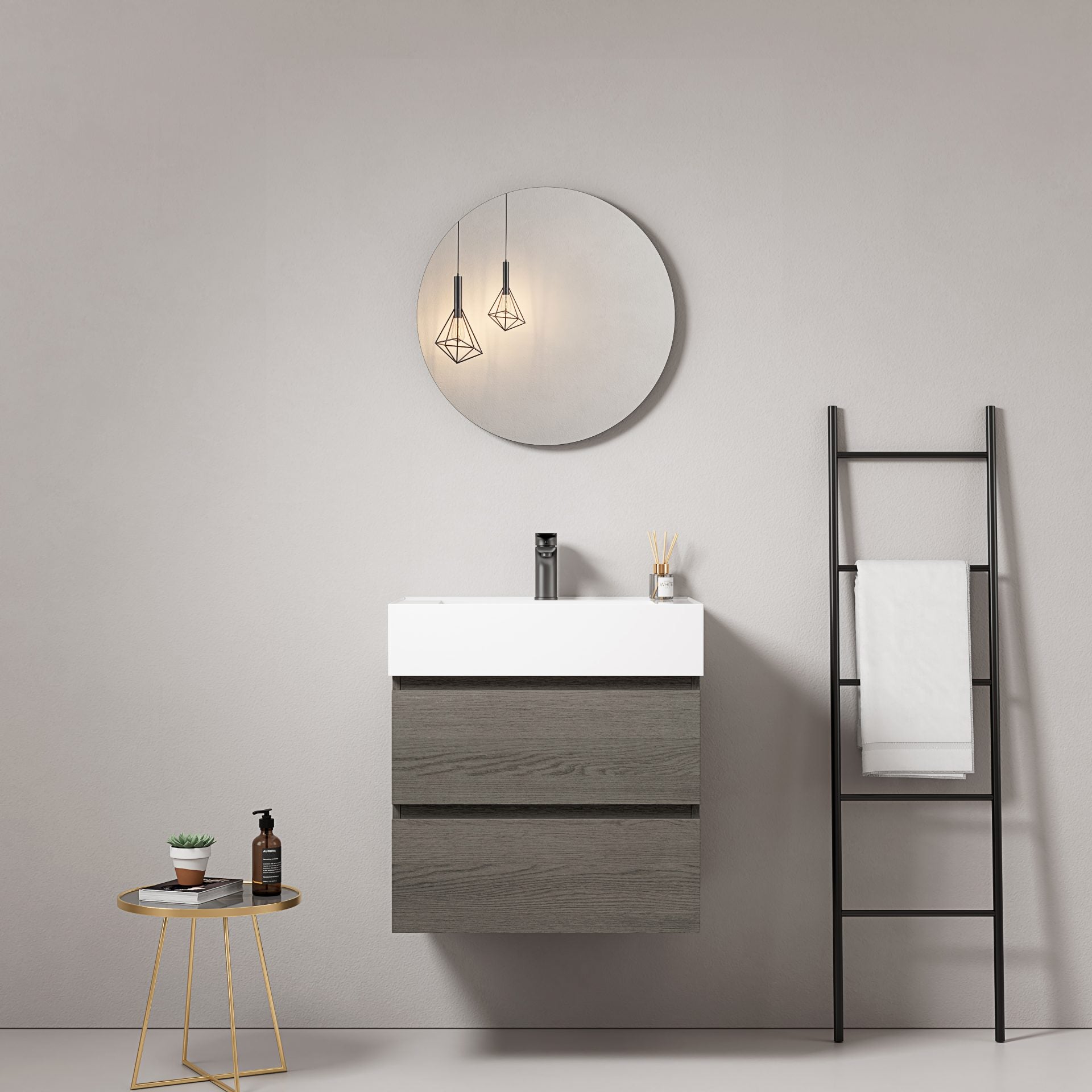 Mobile bagno sospeso 60 cm Grey Lavabo in Resina Specchio Tondo - Fiji Wood