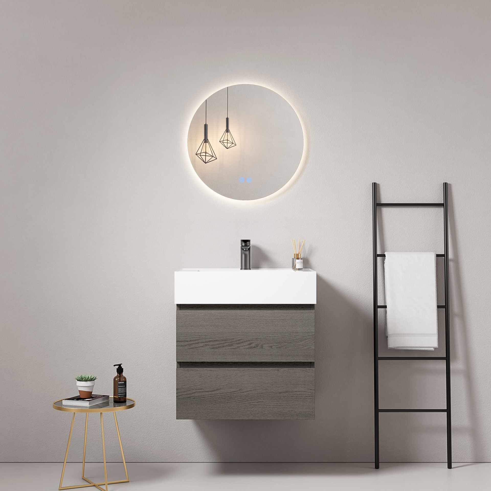 Mobile bagno sospeso 60 cm Grey Lavabo in Resina Specchio Tondo Retroilluminato - Fiji Wood