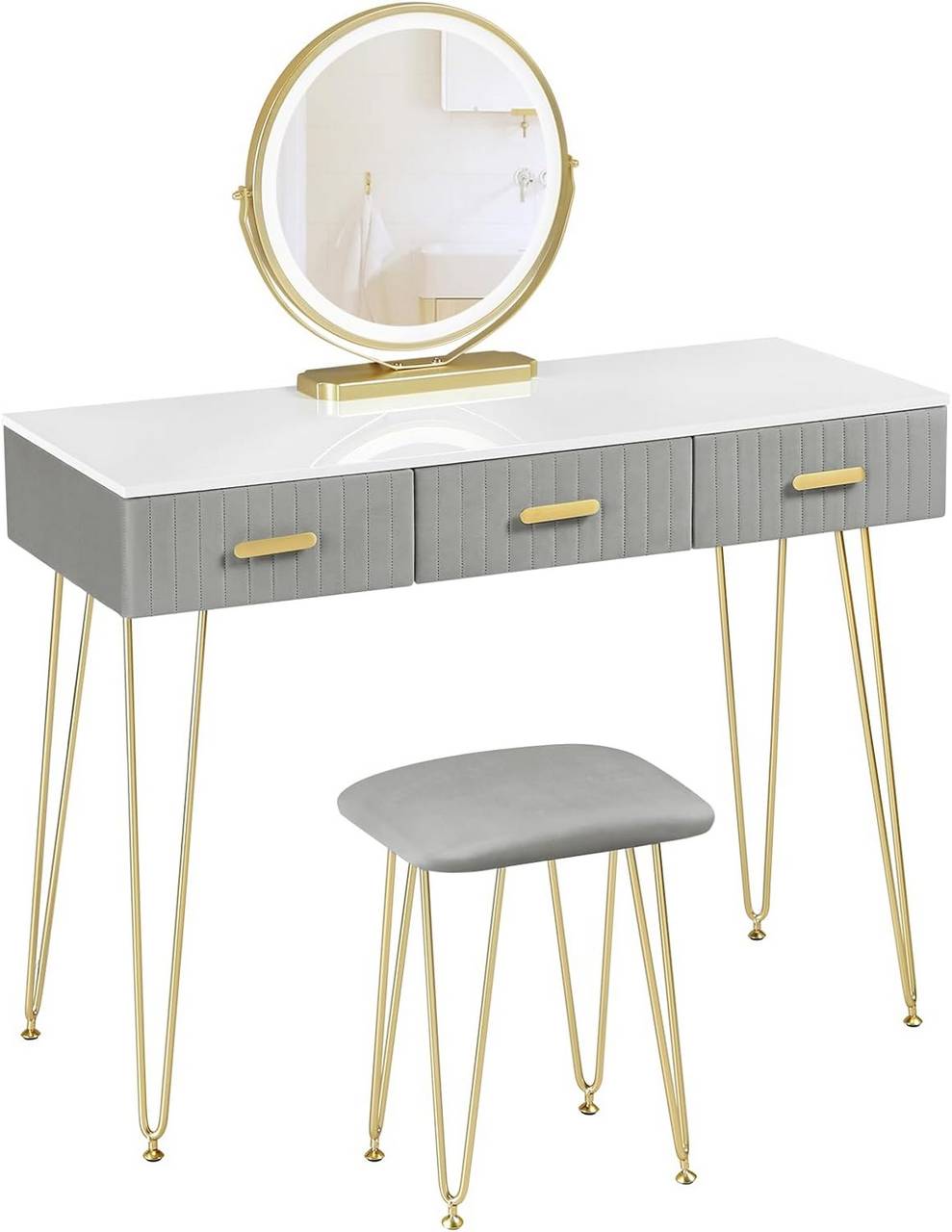 WOLTUComodino con Illuminazione a LED e Sgabello in Velluto, 3 Cassetti, Grigio Oro Bianco