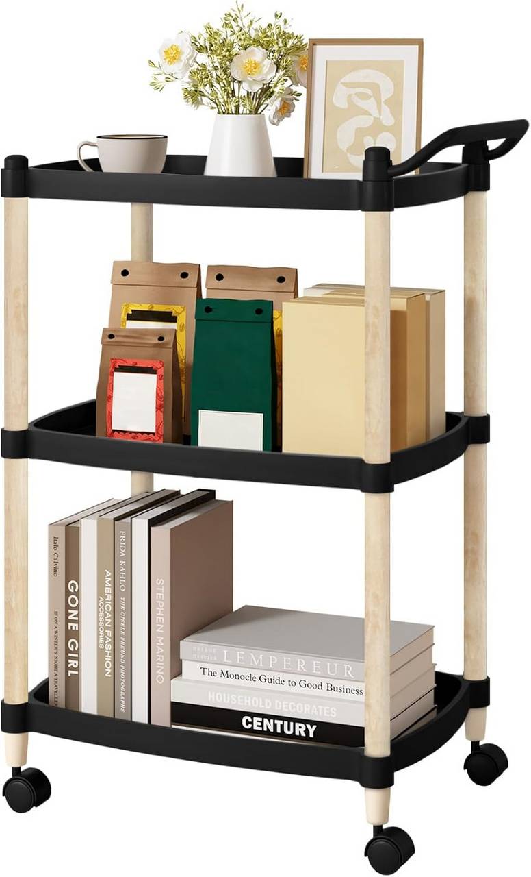 WOLTUCarrello di Servizio a 3 Livelli, Carrello da Cucina Su Rotelle, Legno Plastico, Nero