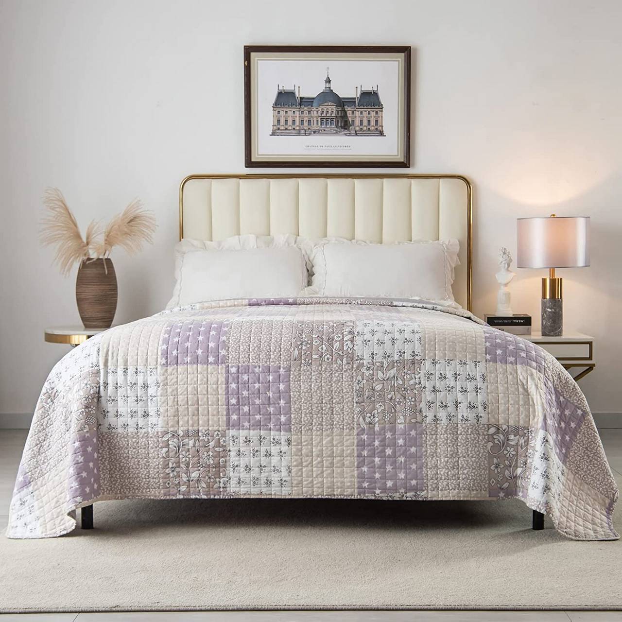 WOLTUCopriletto Copriletto, Design Patchwork Reversibile, in Microfibra, Viola + Bianco