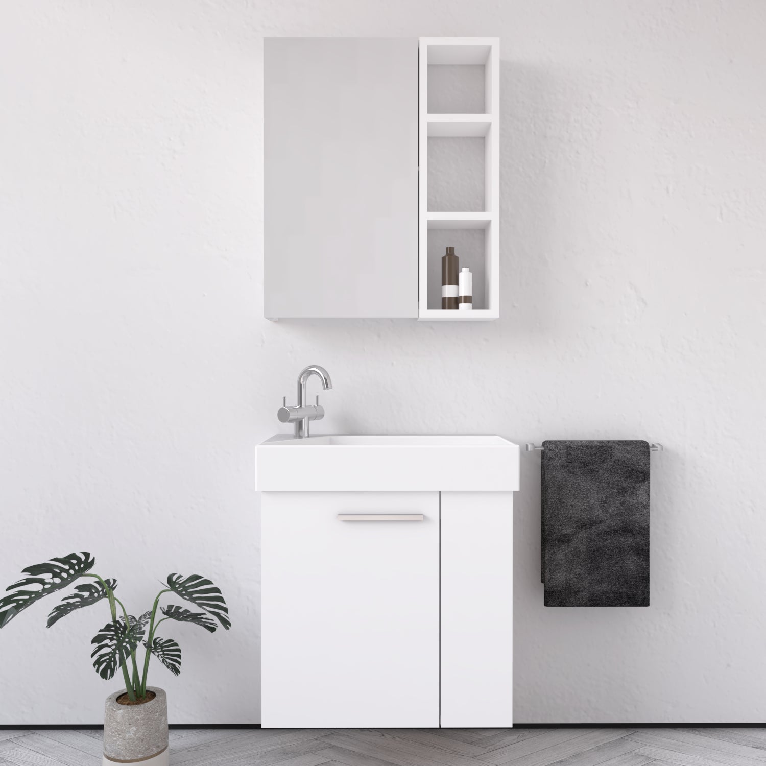 Mobile Bagno Trend 55 cm Bianco Opaco Con Specchio Contenitore - MedaHome