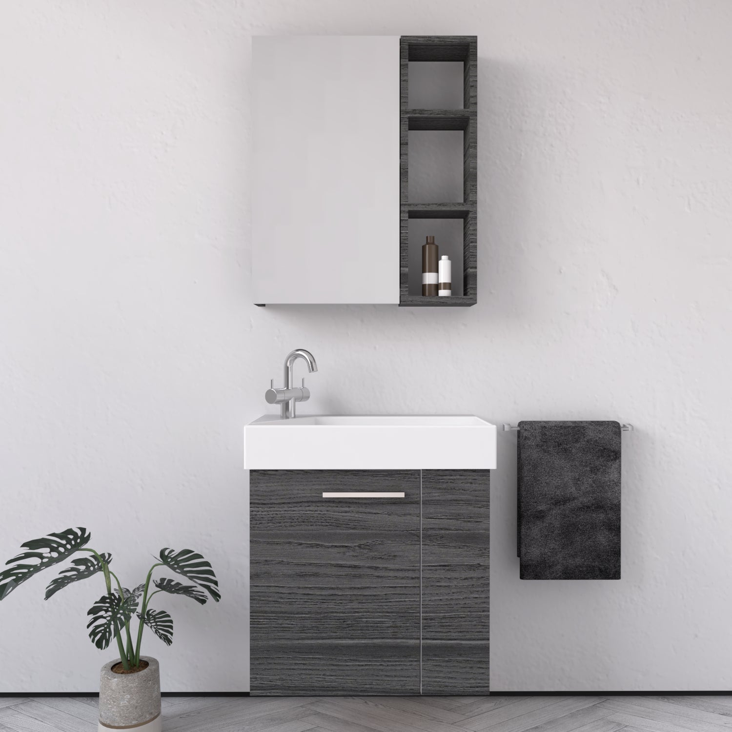 Mobile Bagno Trend 55 cm Rovere Antracite Con Specchio Contenitore - MedaHome